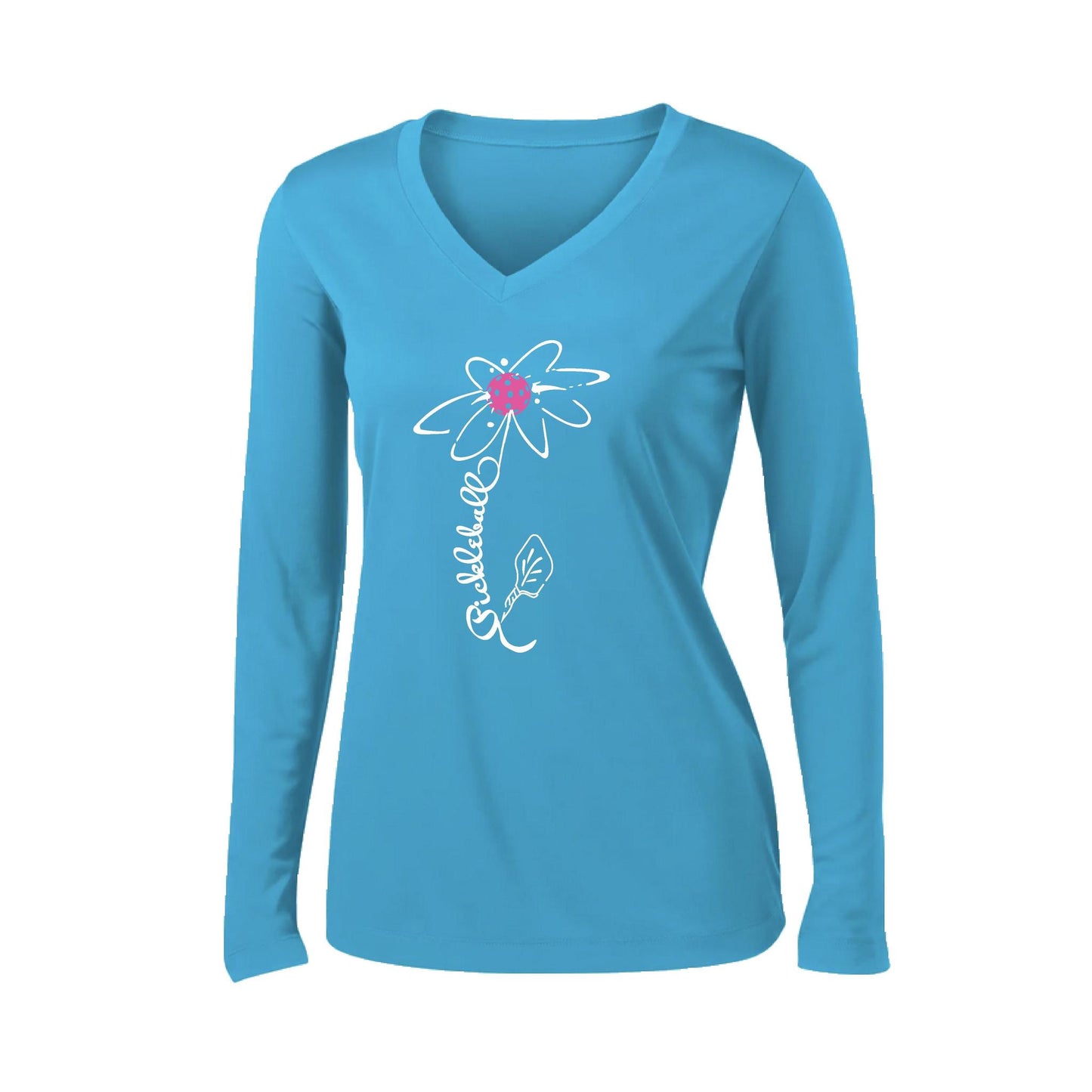 Pickleball Flower (8 Custom Pickleball Colors) | Women’s Long Sleeve V-Neck Pickleball Performance T-Shirt | 100% Polyester