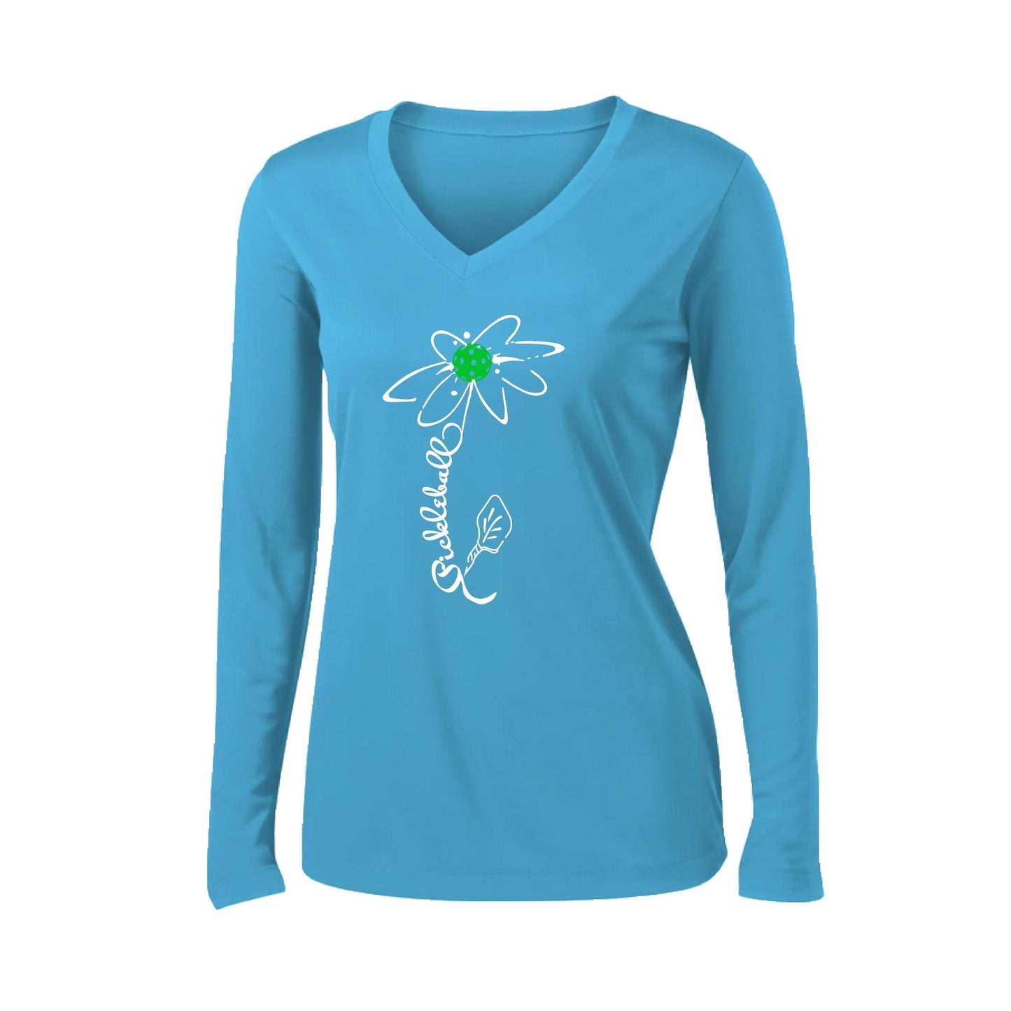Pickleball Flower (8 Custom Pickleball Colors) | Women’s Long Sleeve V-Neck Pickleball Performance T-Shirt | 100% Polyester
