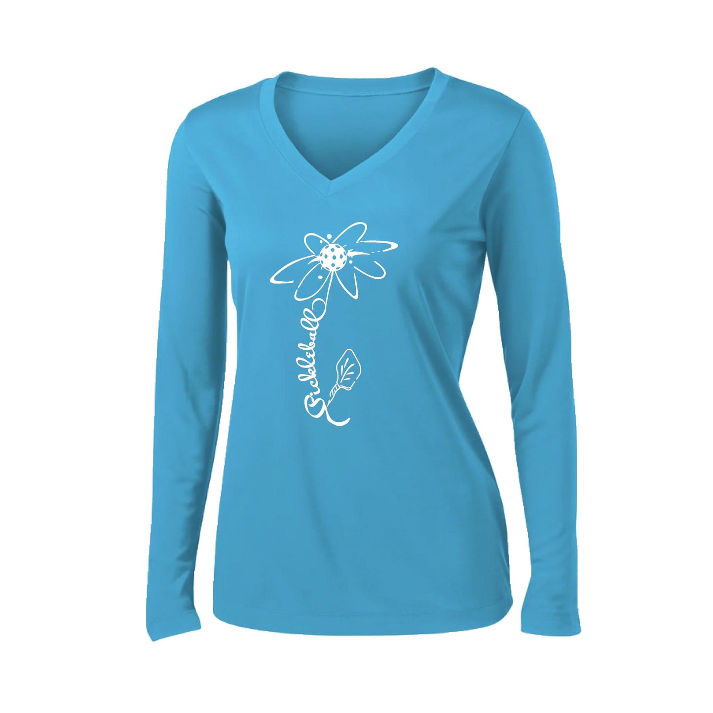 Pickleball Flower (8 Custom Pickleball Colors) | Women’s Long Sleeve V-Neck Pickleball Performance T-Shirt | 100% Polyester