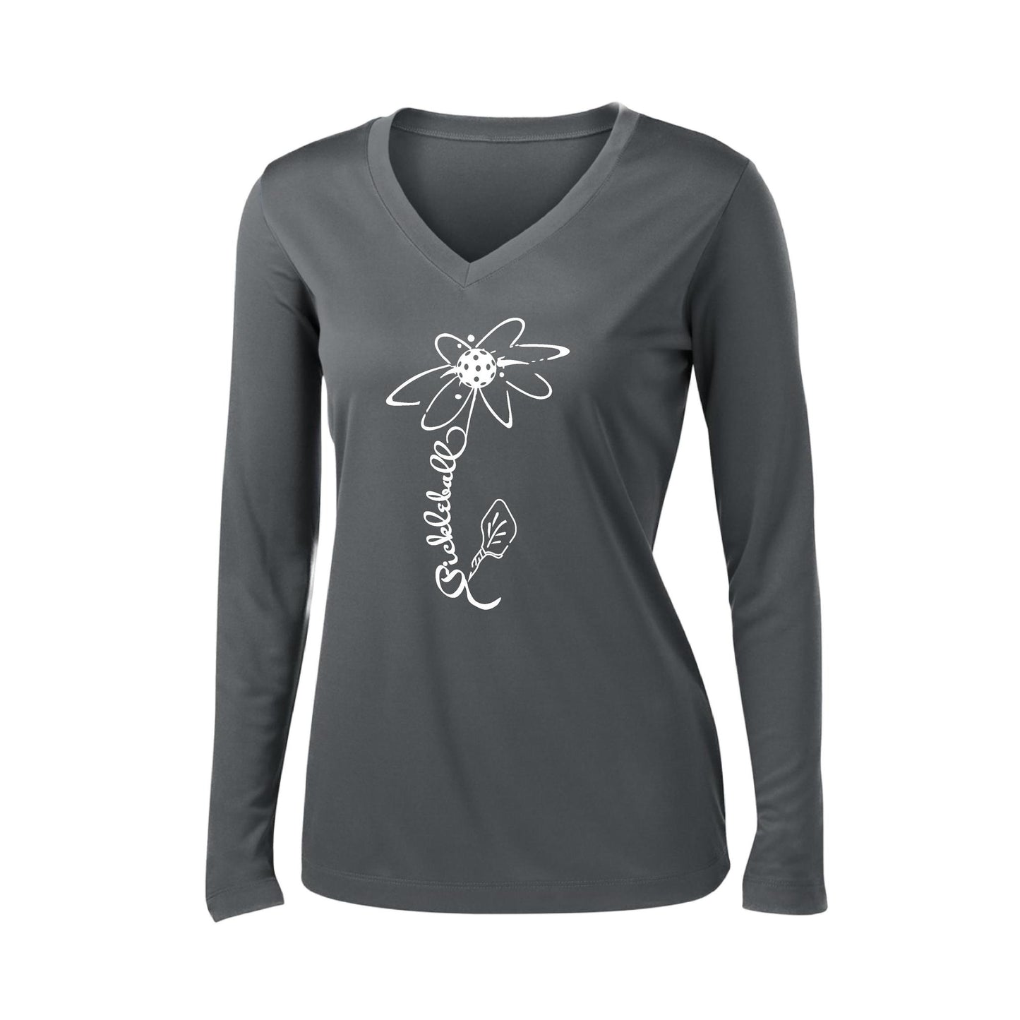 Pickleball Flower (8 Custom Pickleball Colors) | Women’s Long Sleeve V-Neck Pickleball Performance T-Shirt | 100% Polyester