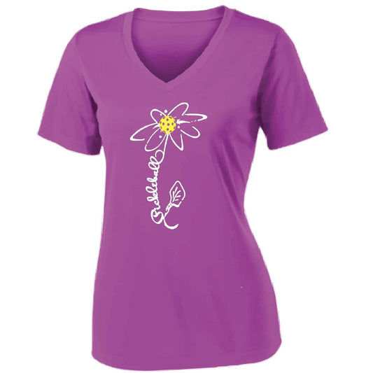 Pickleball Flower | Clearance Women's Short Sleeve V-Neck Pickleball Performance T-Shirts | 100% Polyester
