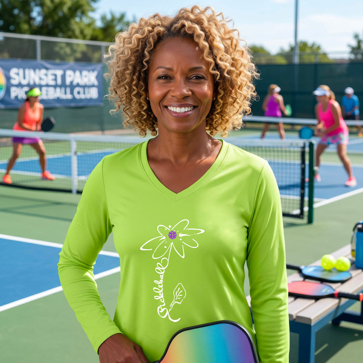 A woman wearing a lime green long-sleeve t-shirt with a pickleball graphic of a flower with a flower that has a colorful pickleball as the center and the stem is made of the word ‘PICKLEBALL’ and the leaf is a pickleball paddle, standing on a pickleball court.