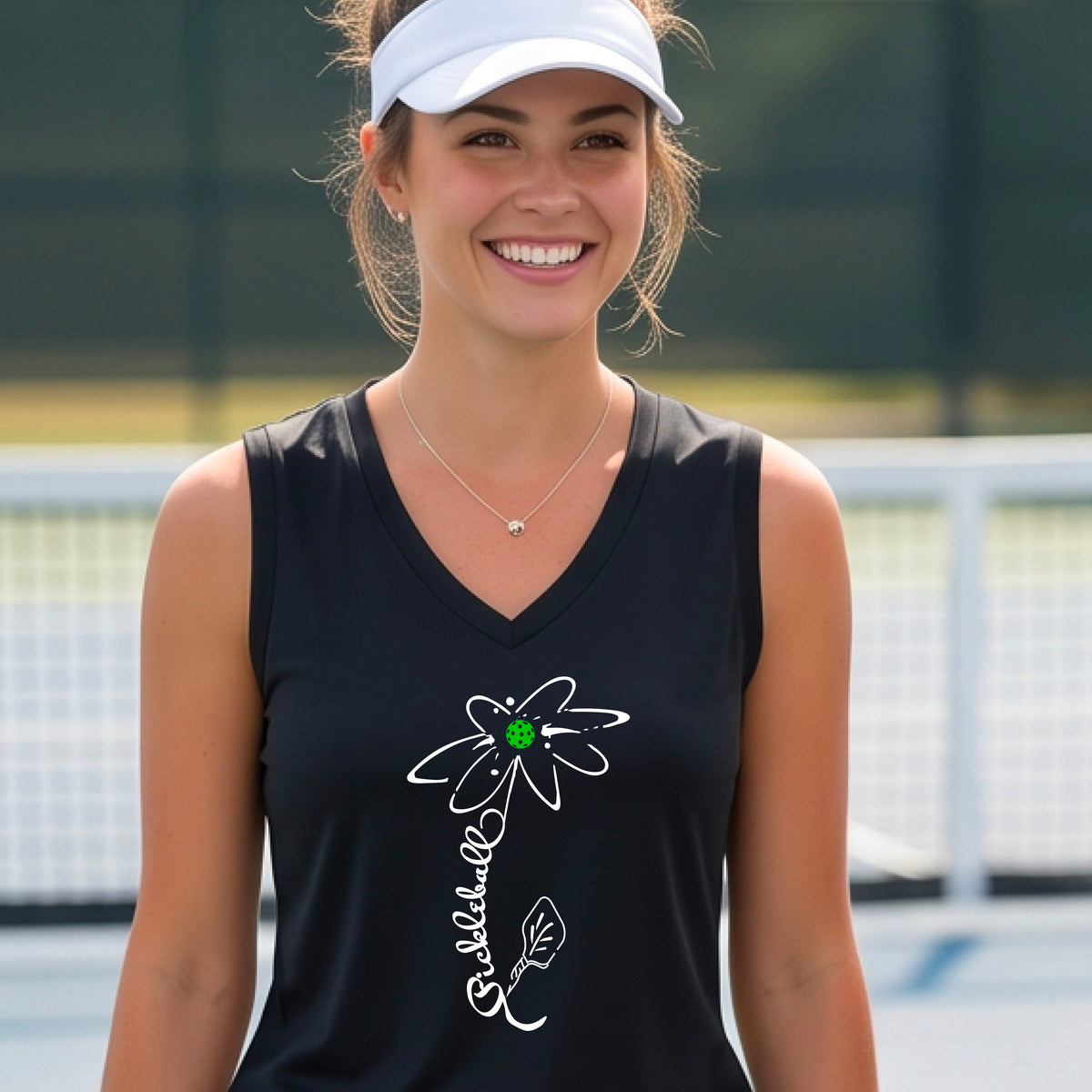 A smiling woman on a pickleball court wearing a black sleeveless V-neck athletic tank top with a white pickleball flower graphic with the stem made of th wrod 'PICKLEBALL' and the leaf is a pickleball paddle. 