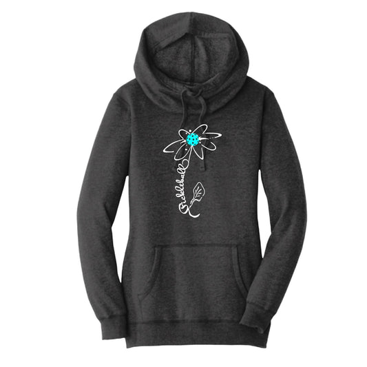 Pickleball Flower (Cyan Green Orange) | Women’s Cowl-Neck Hoodie Pickleball Sweatshirt | 55% Cotton 45% Poly Fleece