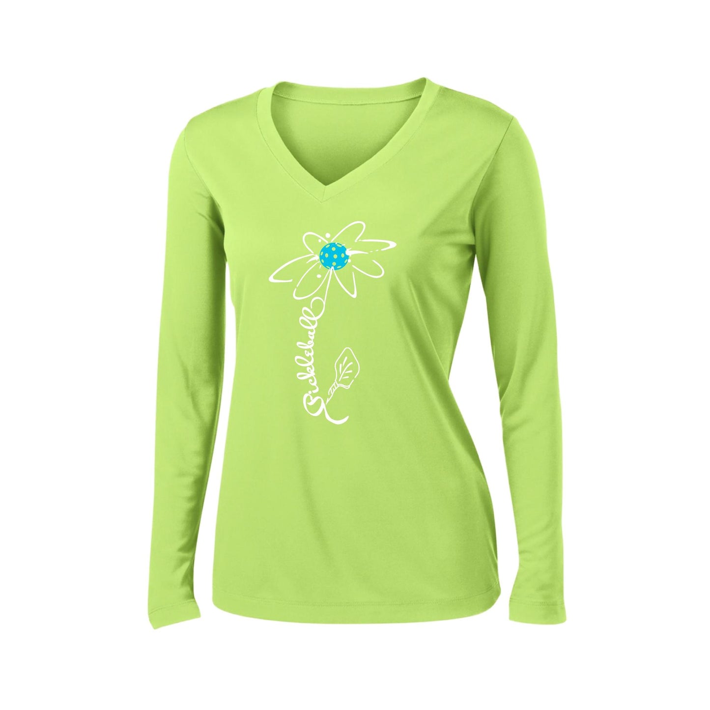Pickleball Flower (8 Custom Pickleball Colors) | Women’s Long Sleeve V-Neck Pickleball Performance T-Shirt | 100% Polyester