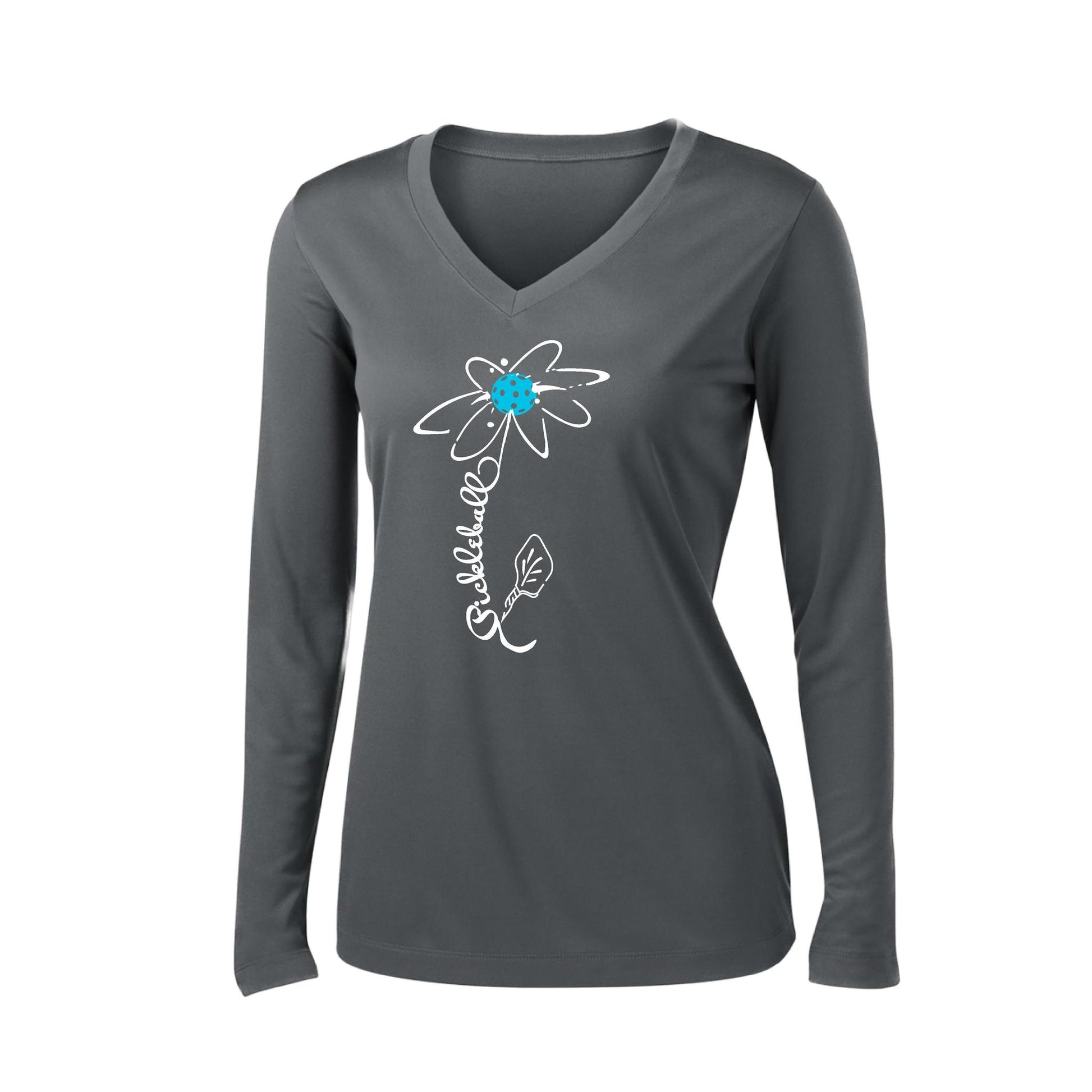 Pickleball Flower (Cyan Green Orange) | Women’s Long Sleeve V-Neck Pickleball Performance T-Shirt | 100% Polyester