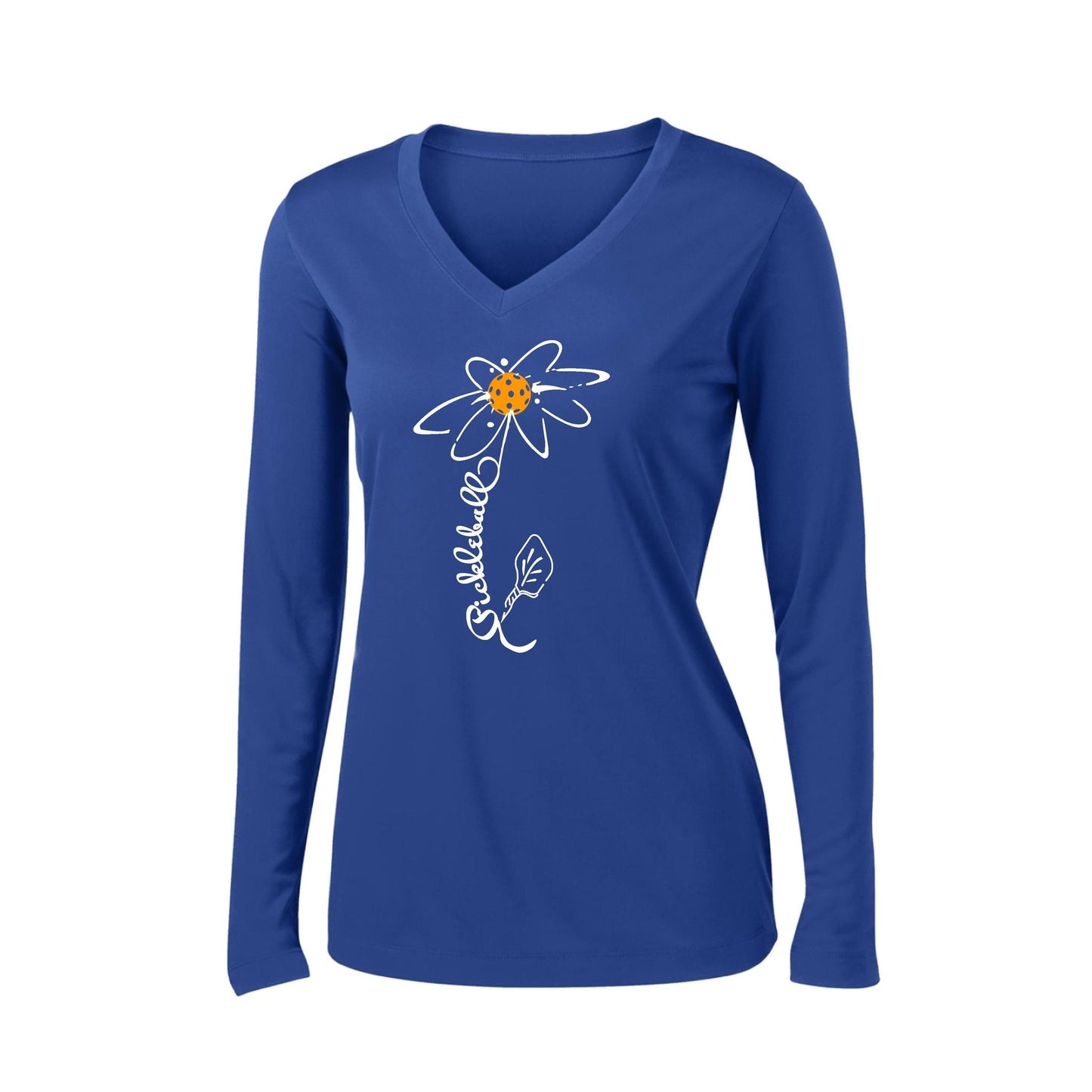 Pickleball Flower (8 Custom Pickleball Colors) | Women’s Long Sleeve V-Neck Pickleball Performance T-Shirt | 100% Polyester