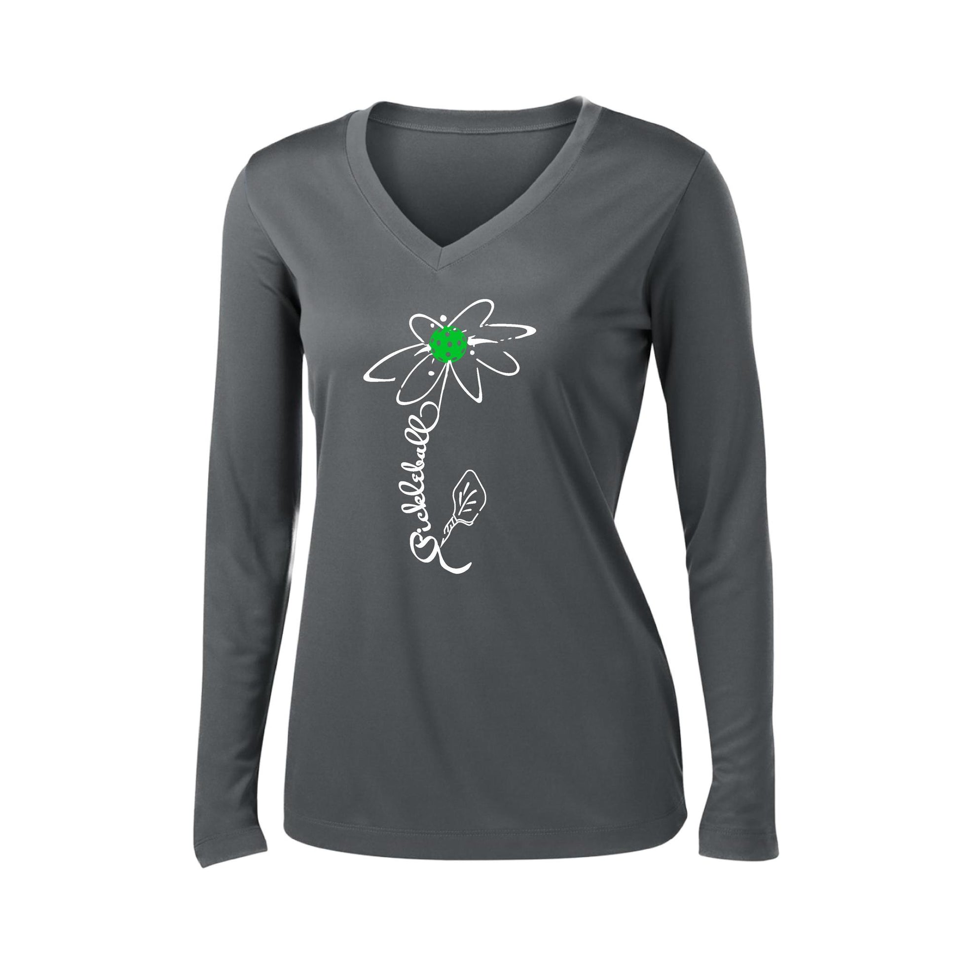 Pickleball Flower (Cyan Green Orange) | Women’s Long Sleeve V-Neck Pickleball Performance T-Shirt | 100% Polyester