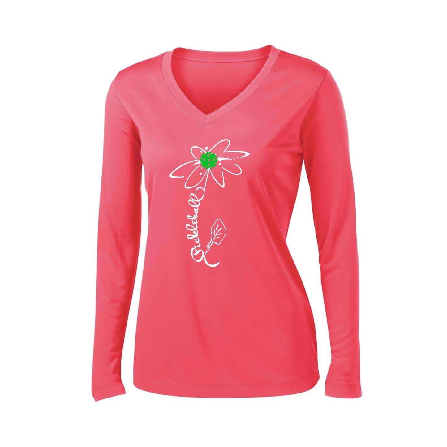 Pickleball Flower (Cyan Green Orange) | Women’s Long Sleeve V-Neck Pickleball Performance T-Shirt | 100% Polyester