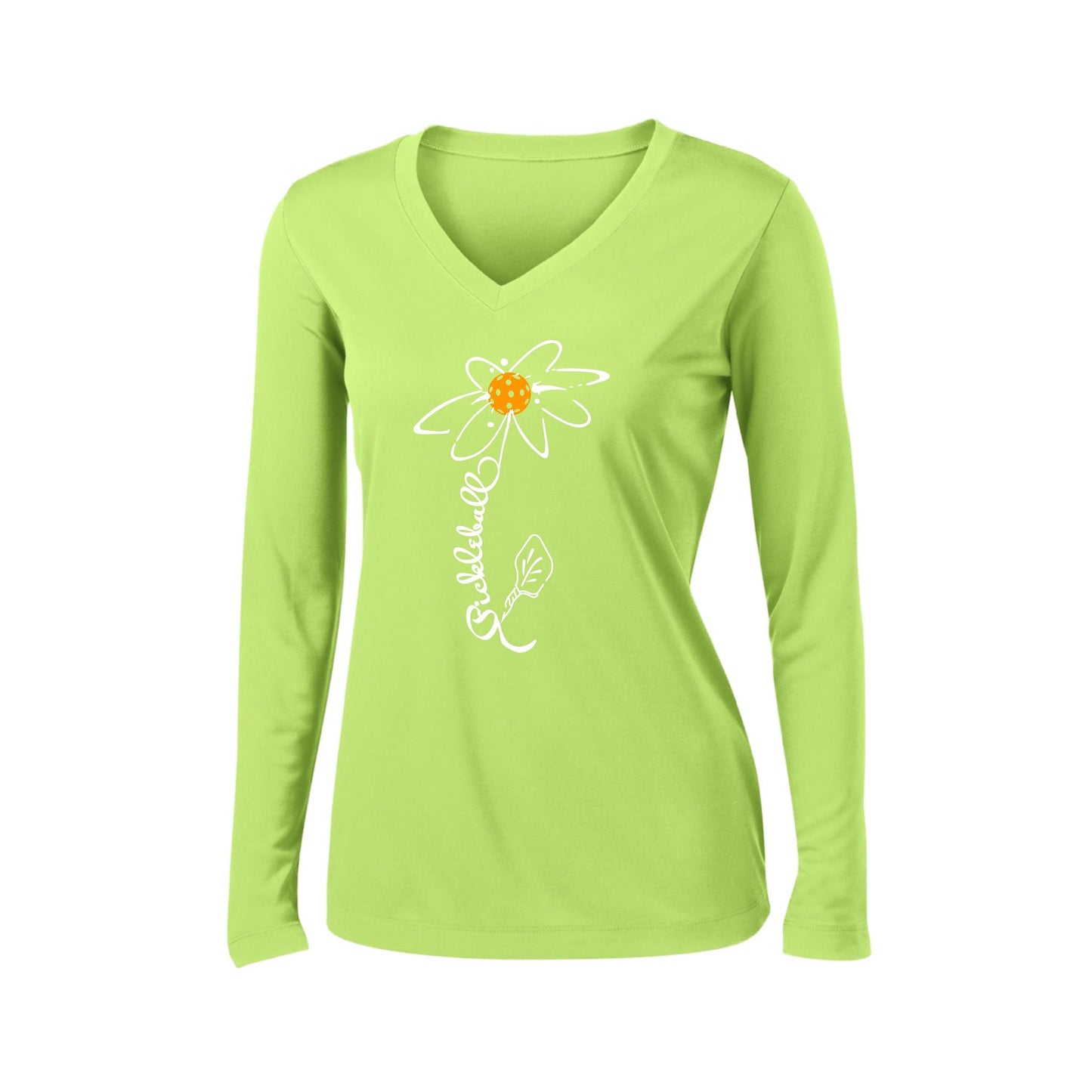 Pickleball Flower (8 Custom Pickleball Colors) | Women’s Long Sleeve V-Neck Pickleball Performance T-Shirt | 100% Polyester