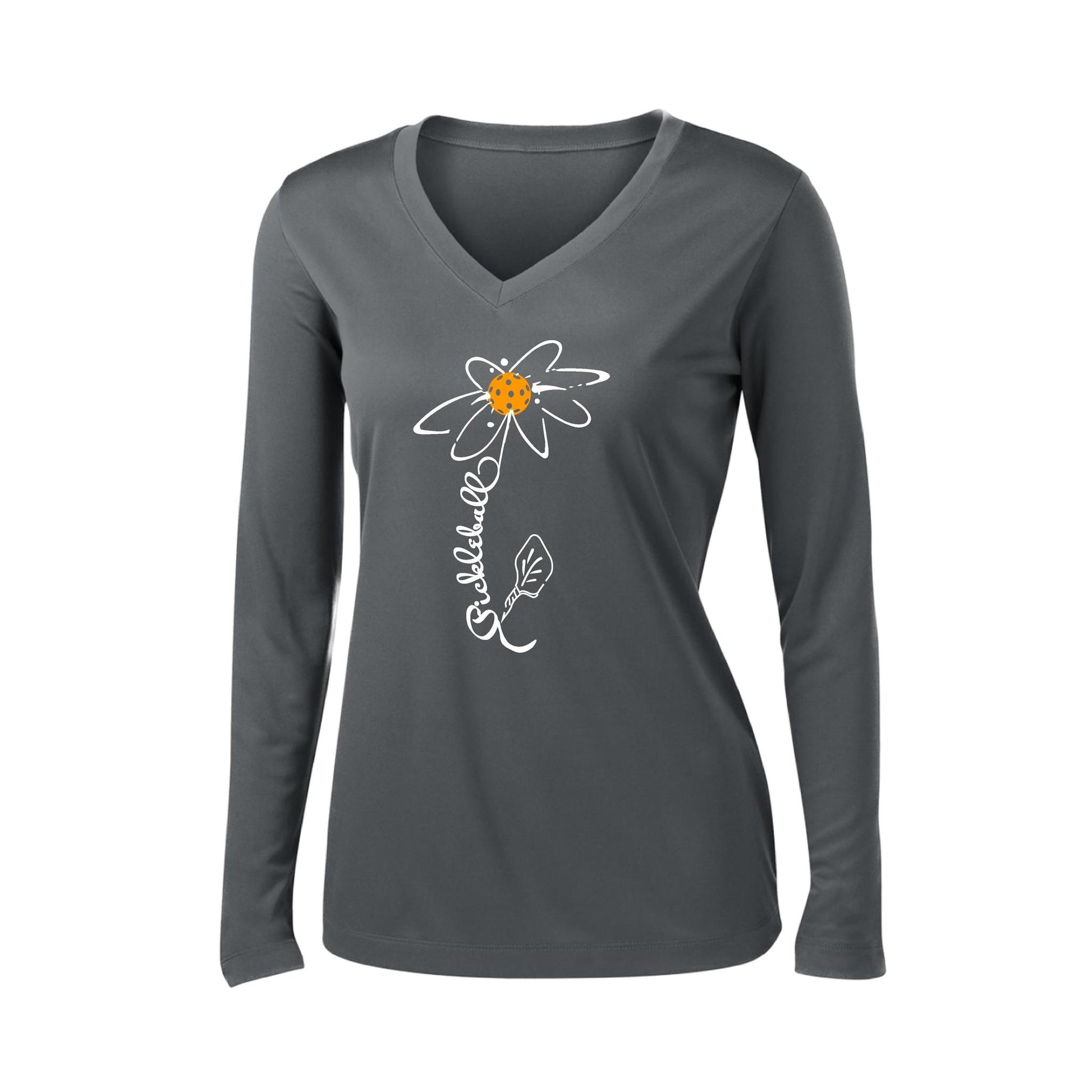 Pickleball Flower (Cyan Green Orange) | Women’s Long Sleeve V-Neck Pickleball Performance T-Shirt | 100% Polyester