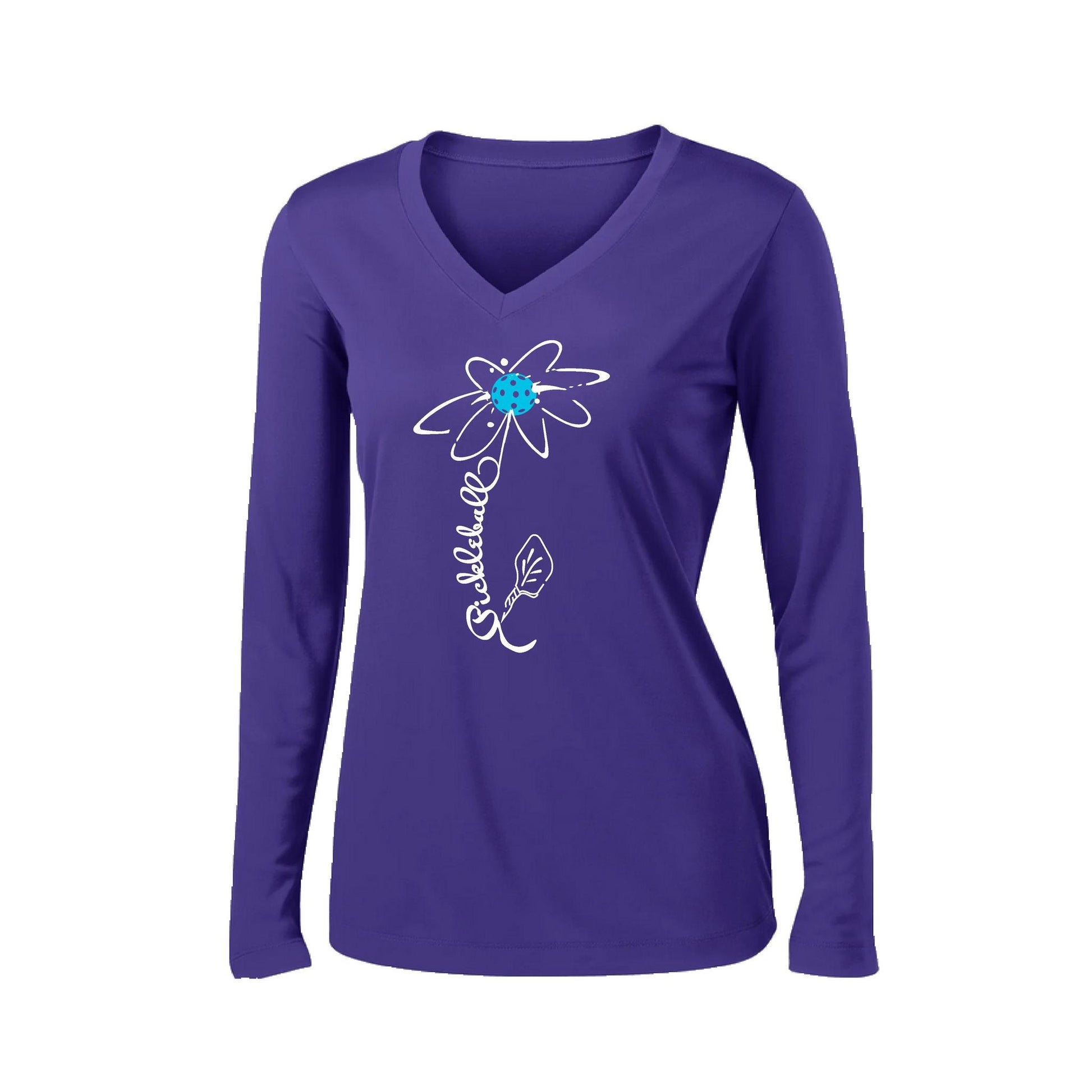 Pickleball Flower (Cyan Green Orange) | Women’s Long Sleeve V-Neck Pickleball Performance T-Shirt | 100% Polyester