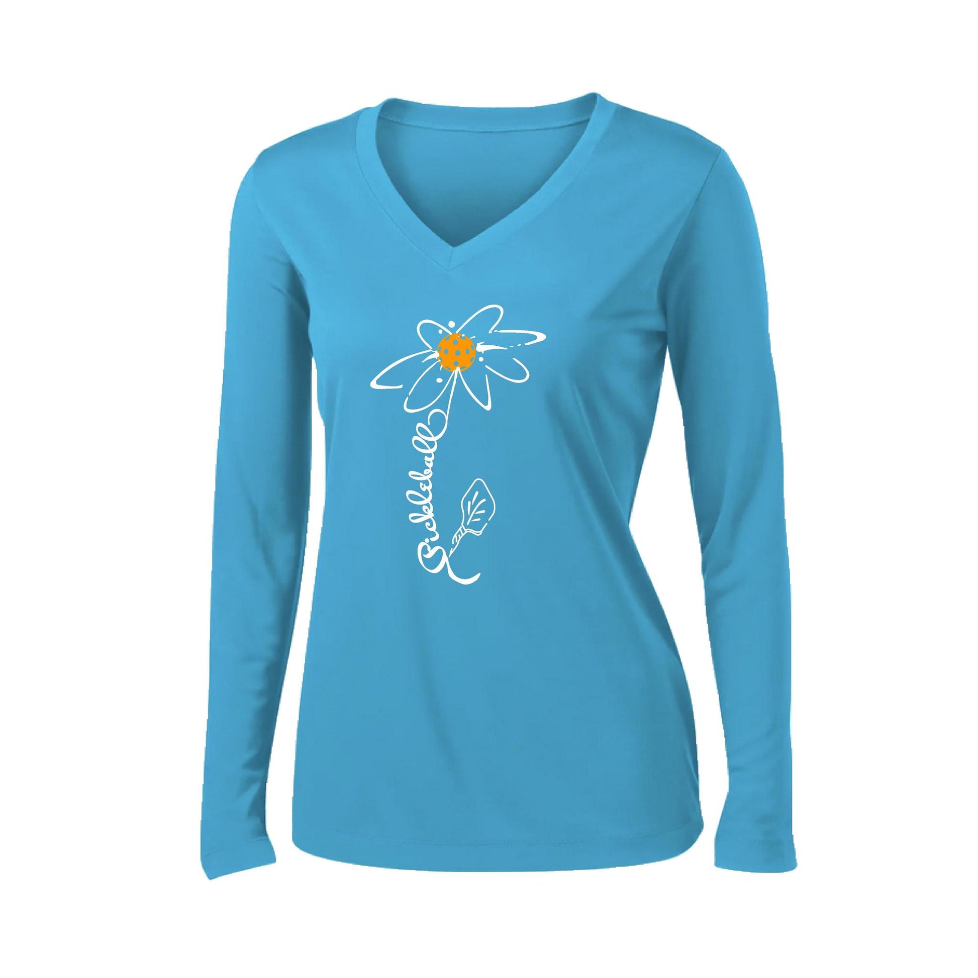 Pickleball Flower (Cyan Green Orange) | Women’s Long Sleeve V-Neck Pickleball Performance T-Shirt | 100% Polyester