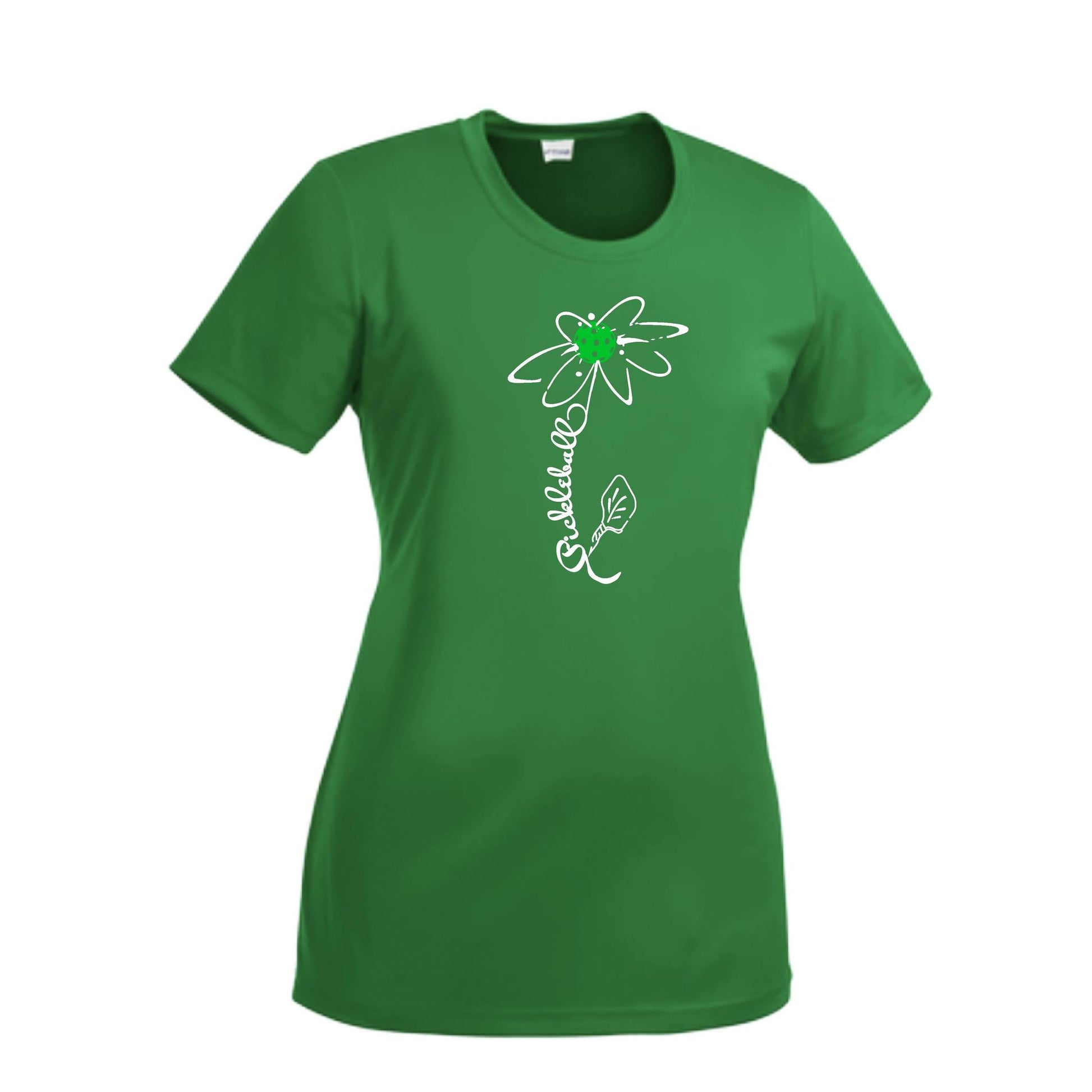 Pickleball Flower (Cyan Green Orange) | Women’s Short Sleeve Crewneck Pickleball Performance T-Shirts | 100% Polyester