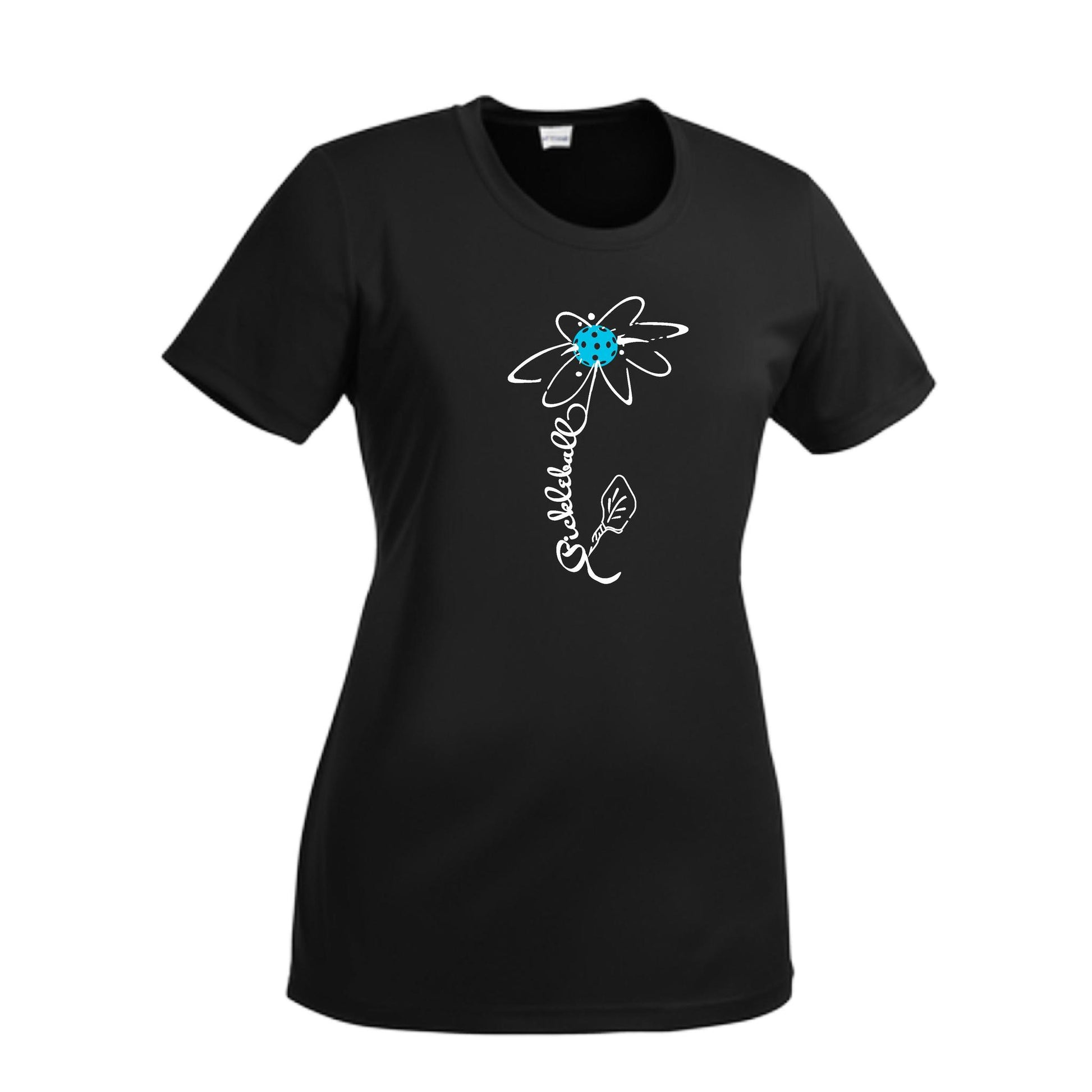 Pickleball Flower (Cyan Green Orange) | Women’s Short Sleeve Crewneck Pickleball Performance T-Shirts | 100% Polyester
