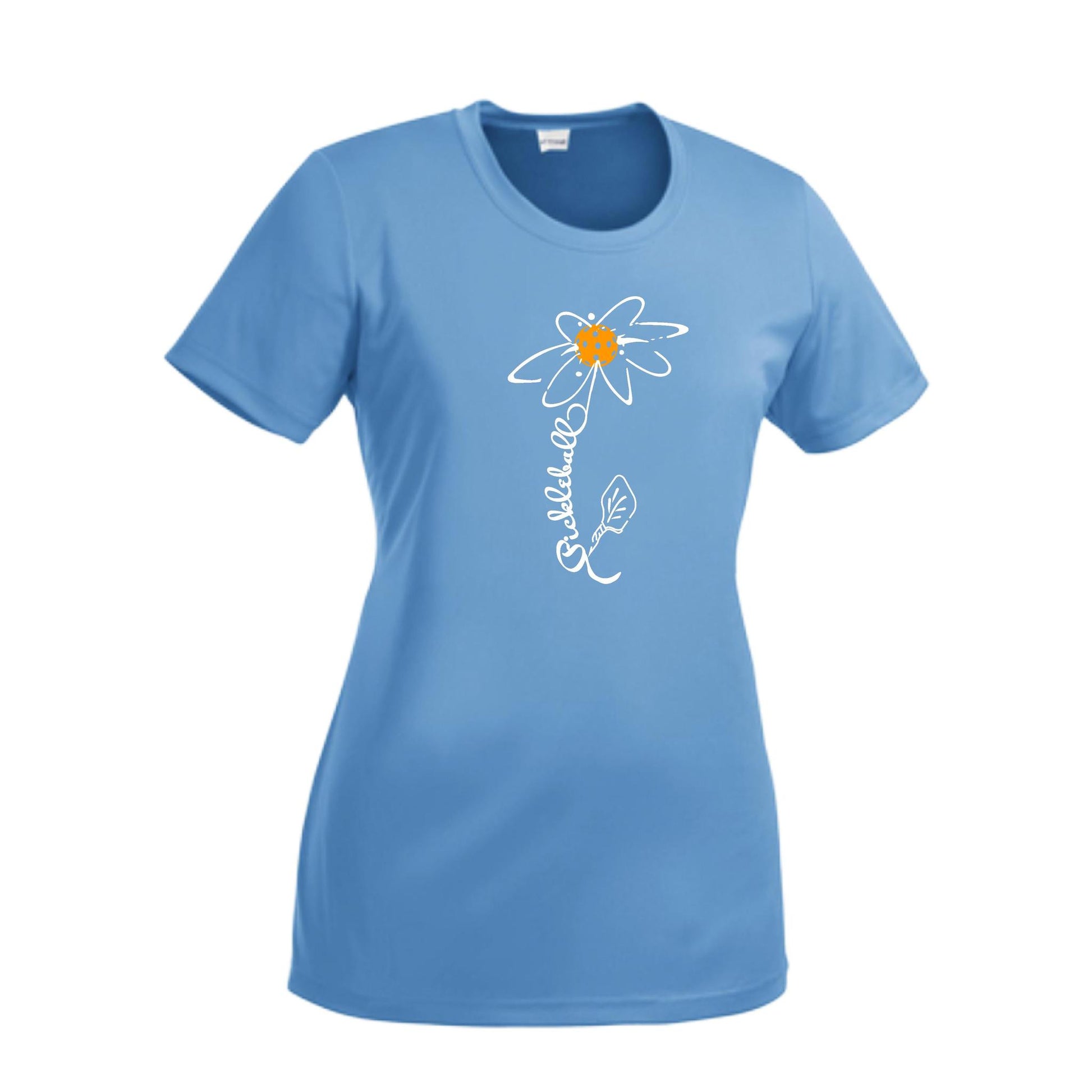 Pickleball Flower (Cyan Green Orange) | Women’s Short Sleeve Crewneck Pickleball Performance T-Shirts | 100% Polyester