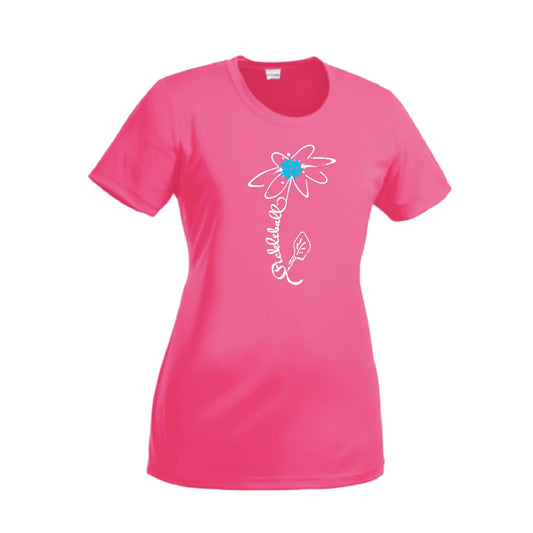 Pickleball Flower (Cyan Green Orange) | Women’s Short Sleeve Crewneck Pickleball Performance T-Shirts | 100% Polyester