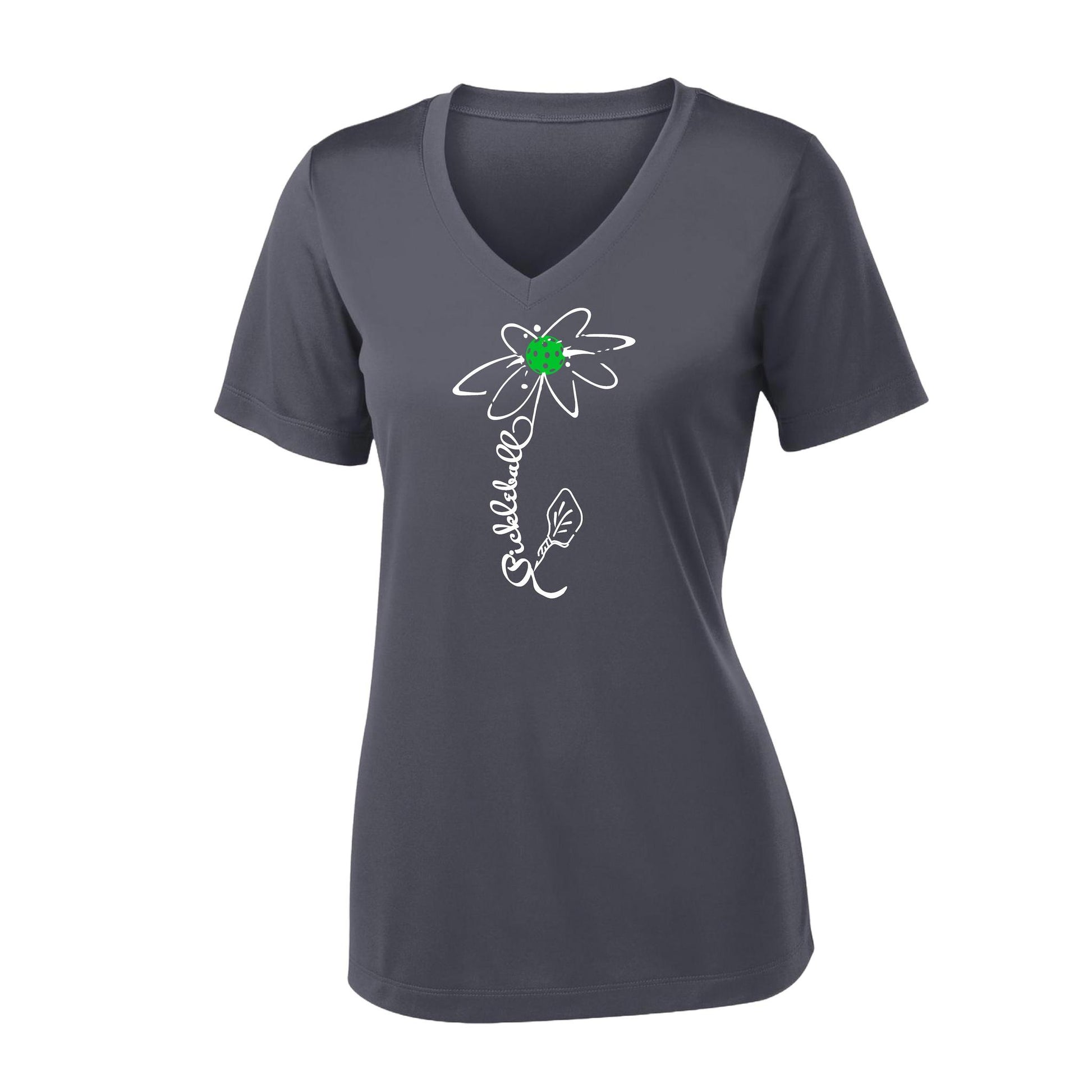 Pickleball Flower (Cyan Green Orange) | Women's Short Sleeve V-Neck Pickleball Performance T-Shirts | 100% Polyester