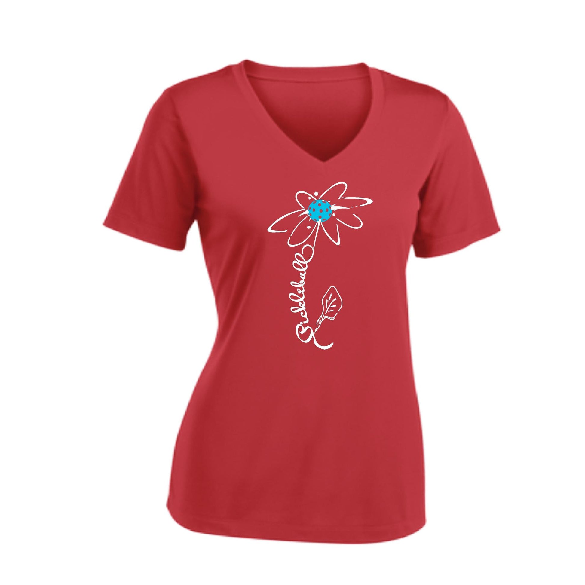 Pickleball Flower (Cyan Green Orange) | Women's Short Sleeve V-Neck Pickleball Performance T-Shirts | 100% Polyester