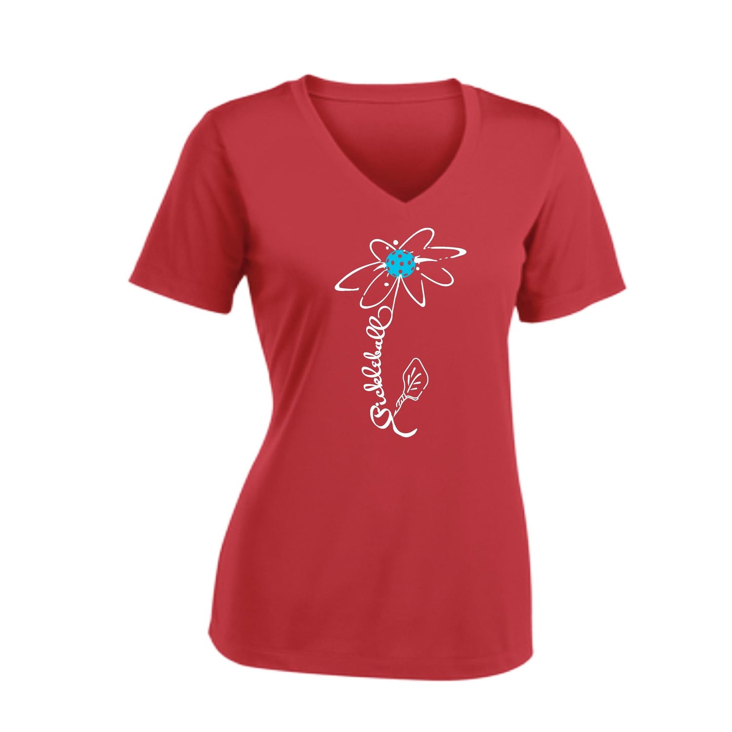 Pickleball Flower (8 Custom Pickleball Colors) | Women's Short Sleeve V-Neck Pickleball Performance T-Shirts | 100% Polyester