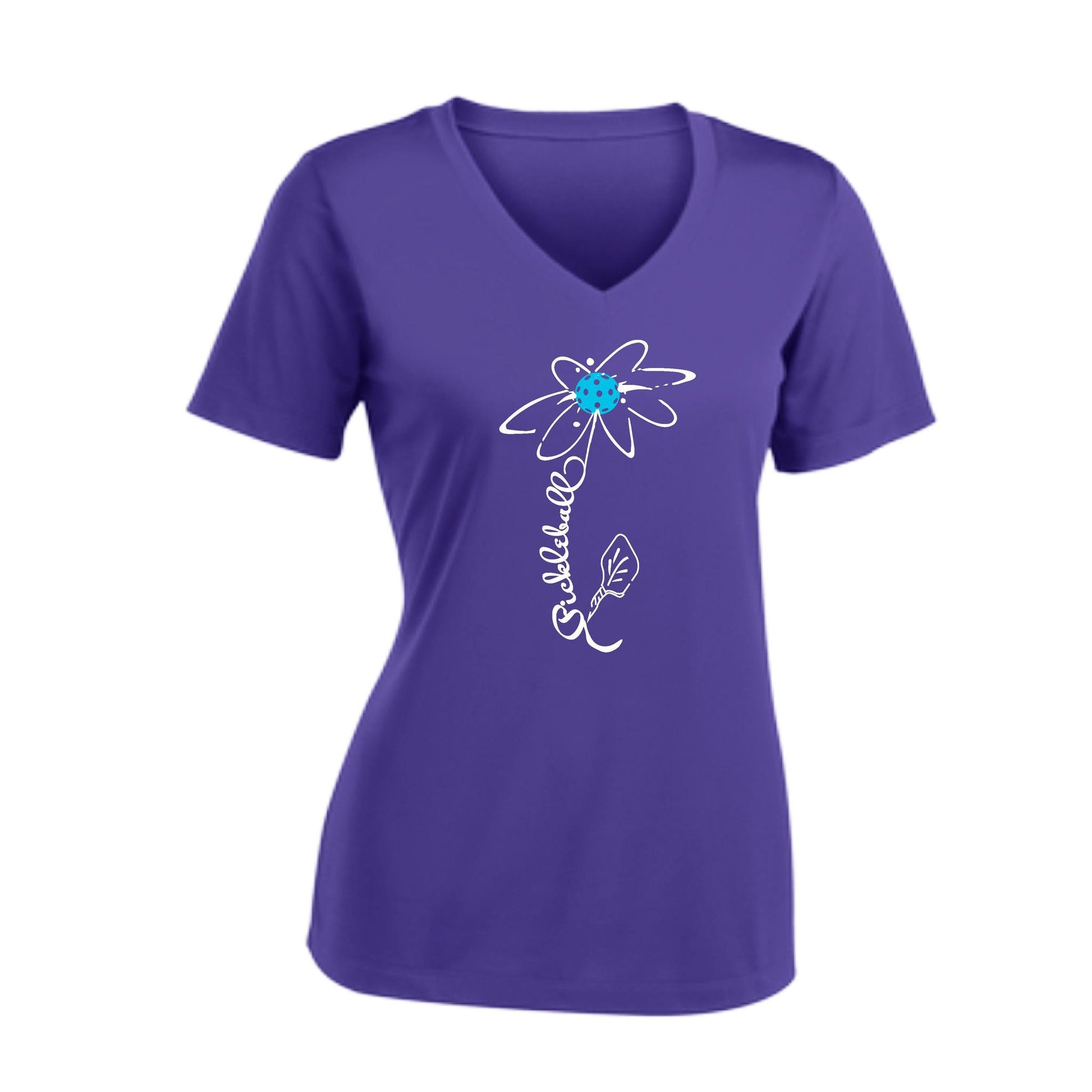 Pickleball Flower (Cyan Green Orange) | Women's Short Sleeve V-Neck Pickleball Performance T-Shirts | 100% Polyester