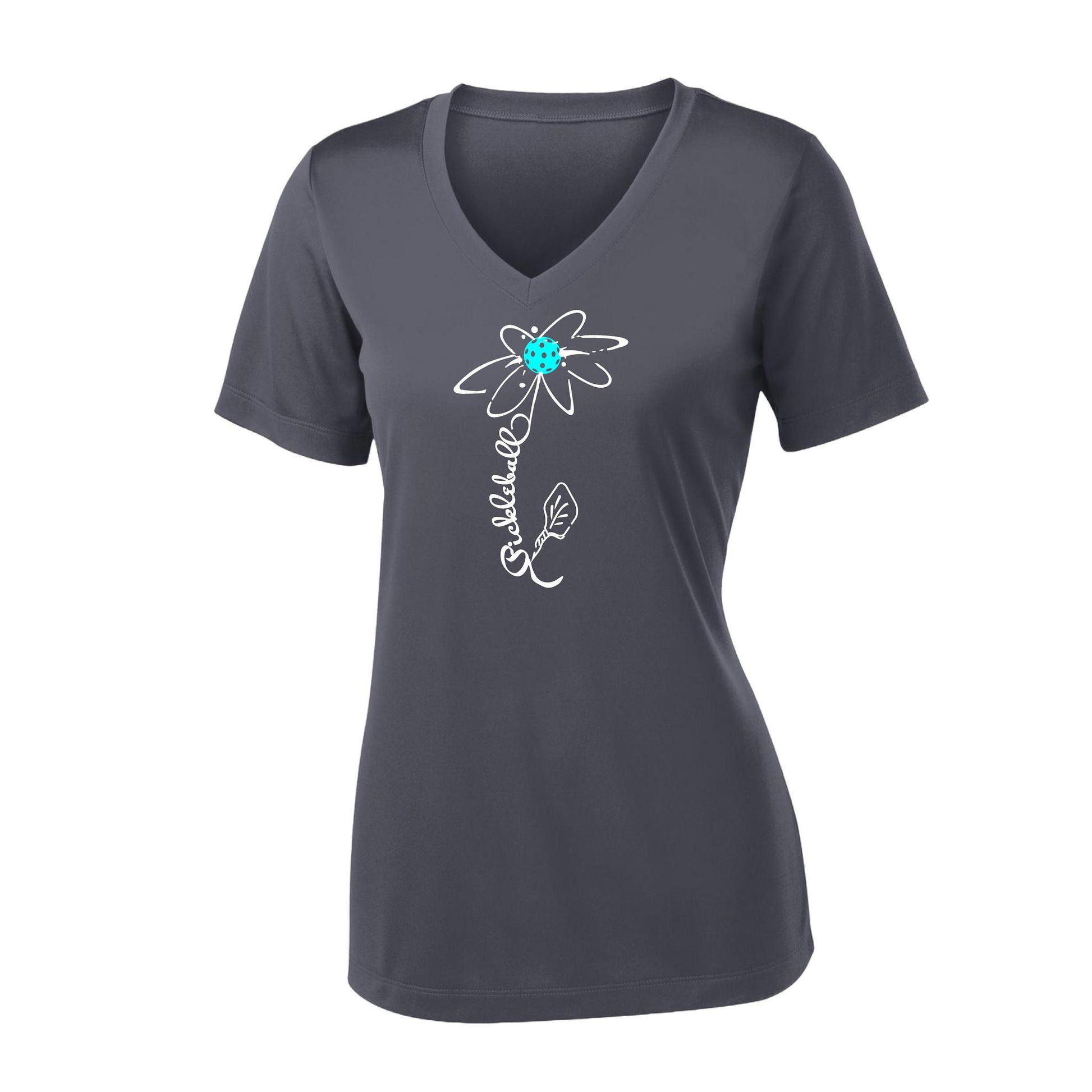 Pickleball Flower (Cyan Green Orange) | Women's Short Sleeve V-Neck Pickleball Performance T-Shirts | 100% Polyester
