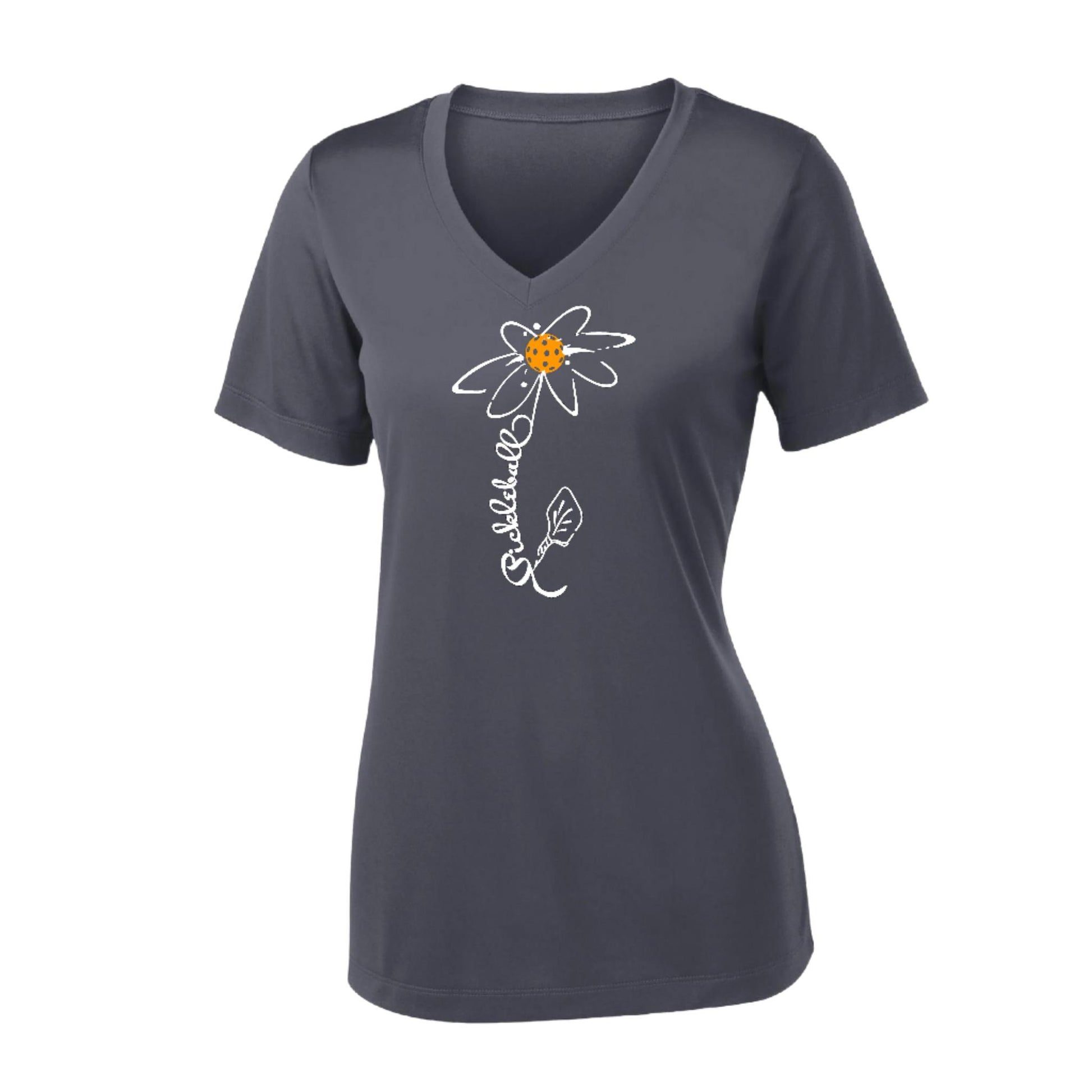 Pickleball Flower (Cyan Green Orange) | Women's Short Sleeve V-Neck Pickleball Performance T-Shirts | 100% Polyester