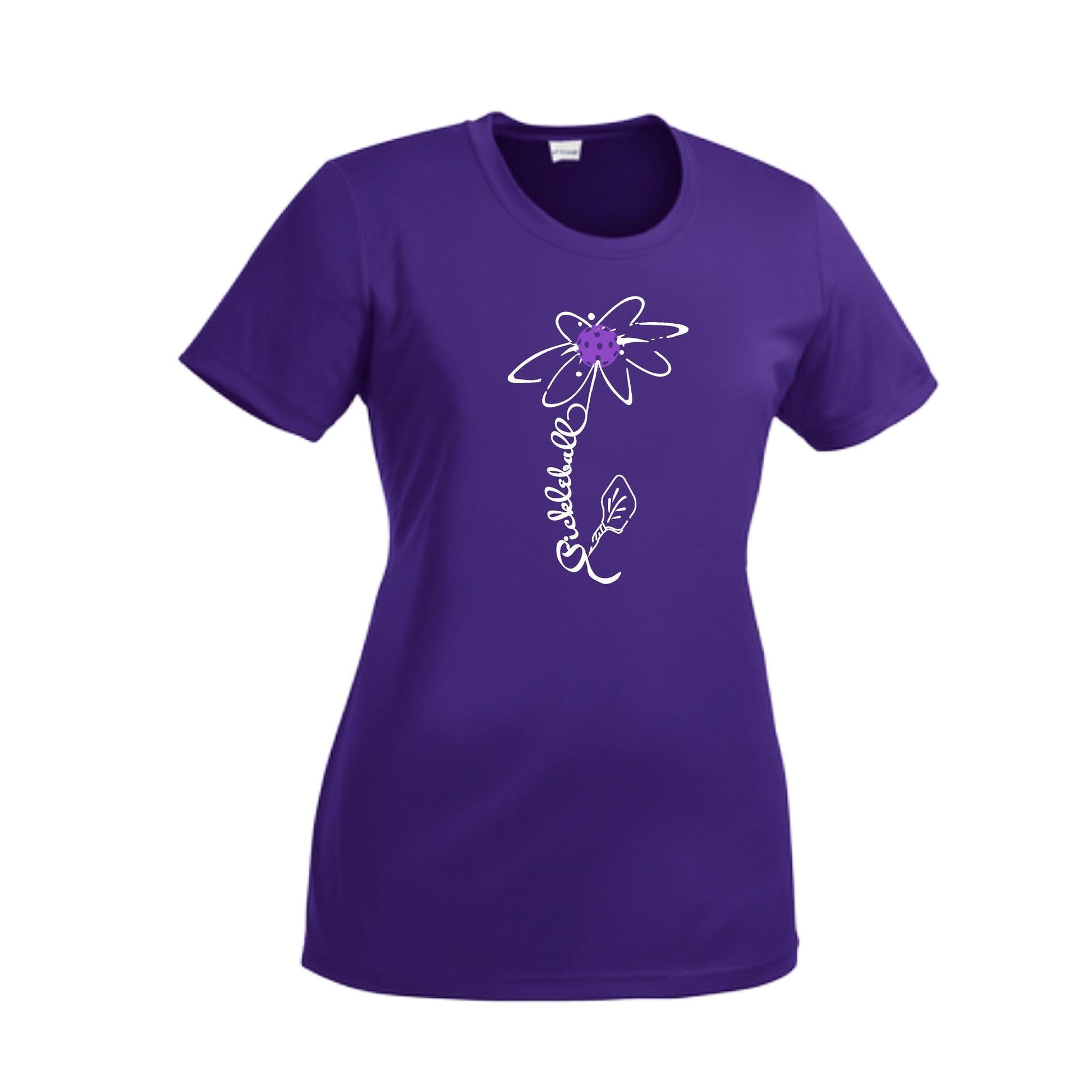 Pickleball Flower (Pink Purple Rainbow) | Women’s Short Sleeve Crewneck Pickleball Performance T-Shirts | 100% Polyester