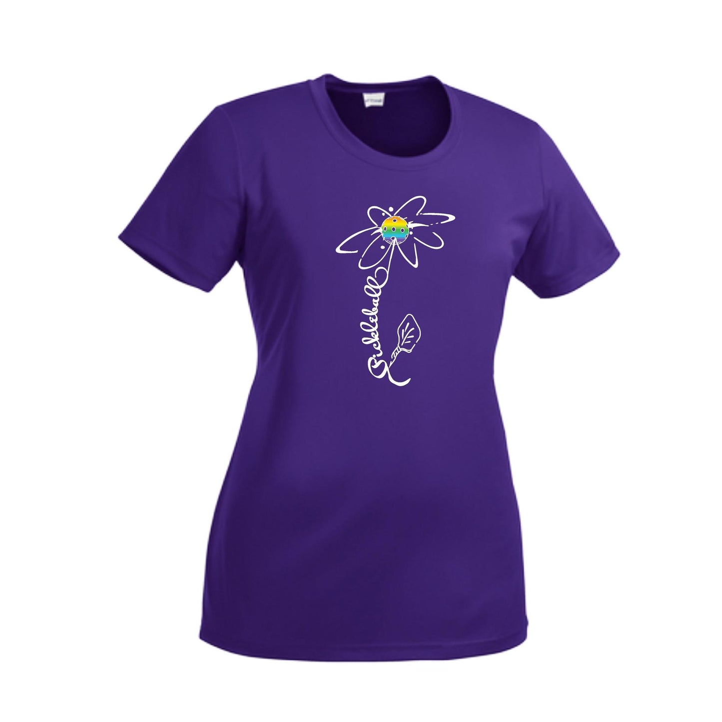 Pickleball Flower (Pink Purple Rainbow) | Women’s Short Sleeve Crewneck Pickleball Performance T-Shirts | 100% Polyester