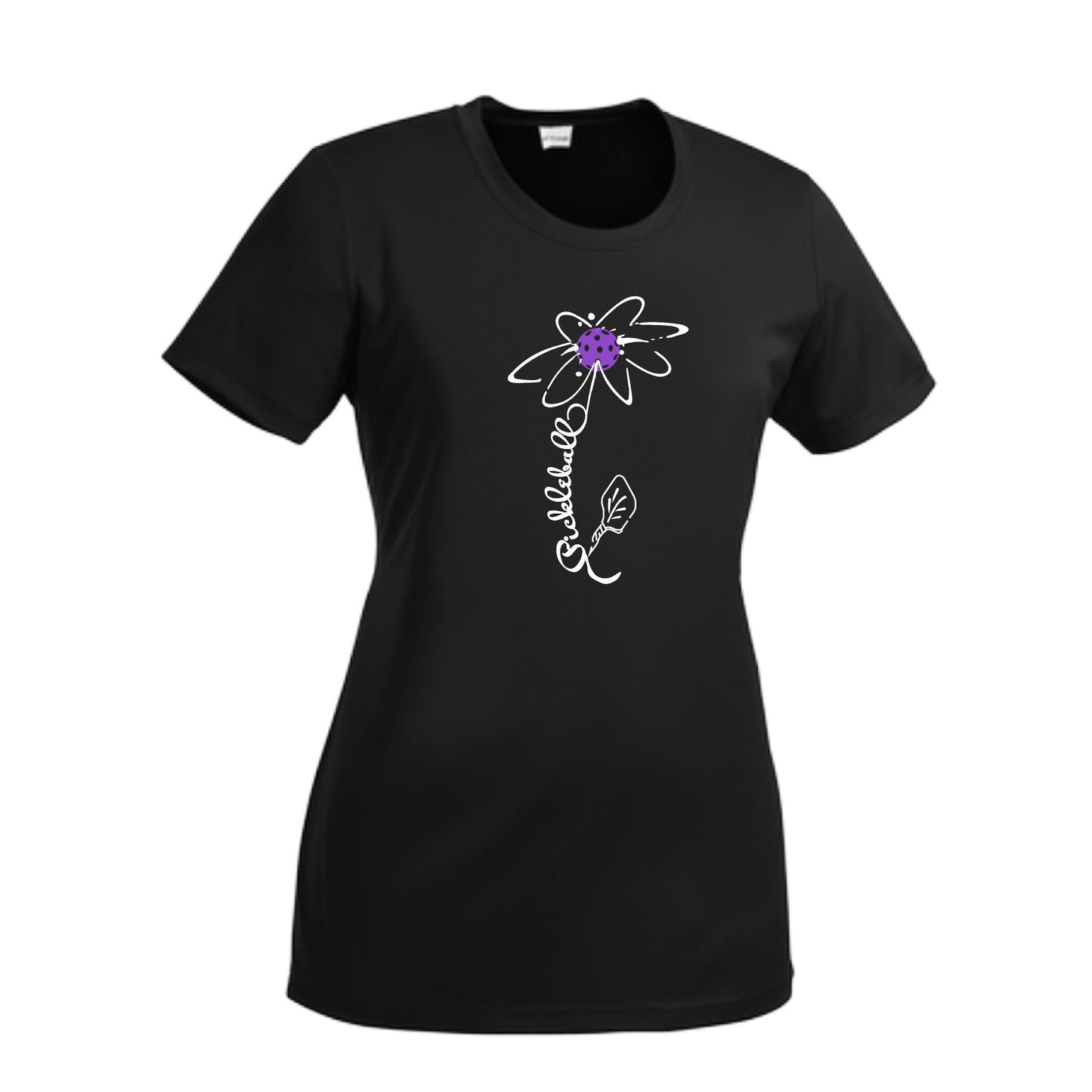 Pickleball Flower (Pink Purple Rainbow) | Women’s Short Sleeve Crewneck Pickleball Performance T-Shirts | 100% Polyester