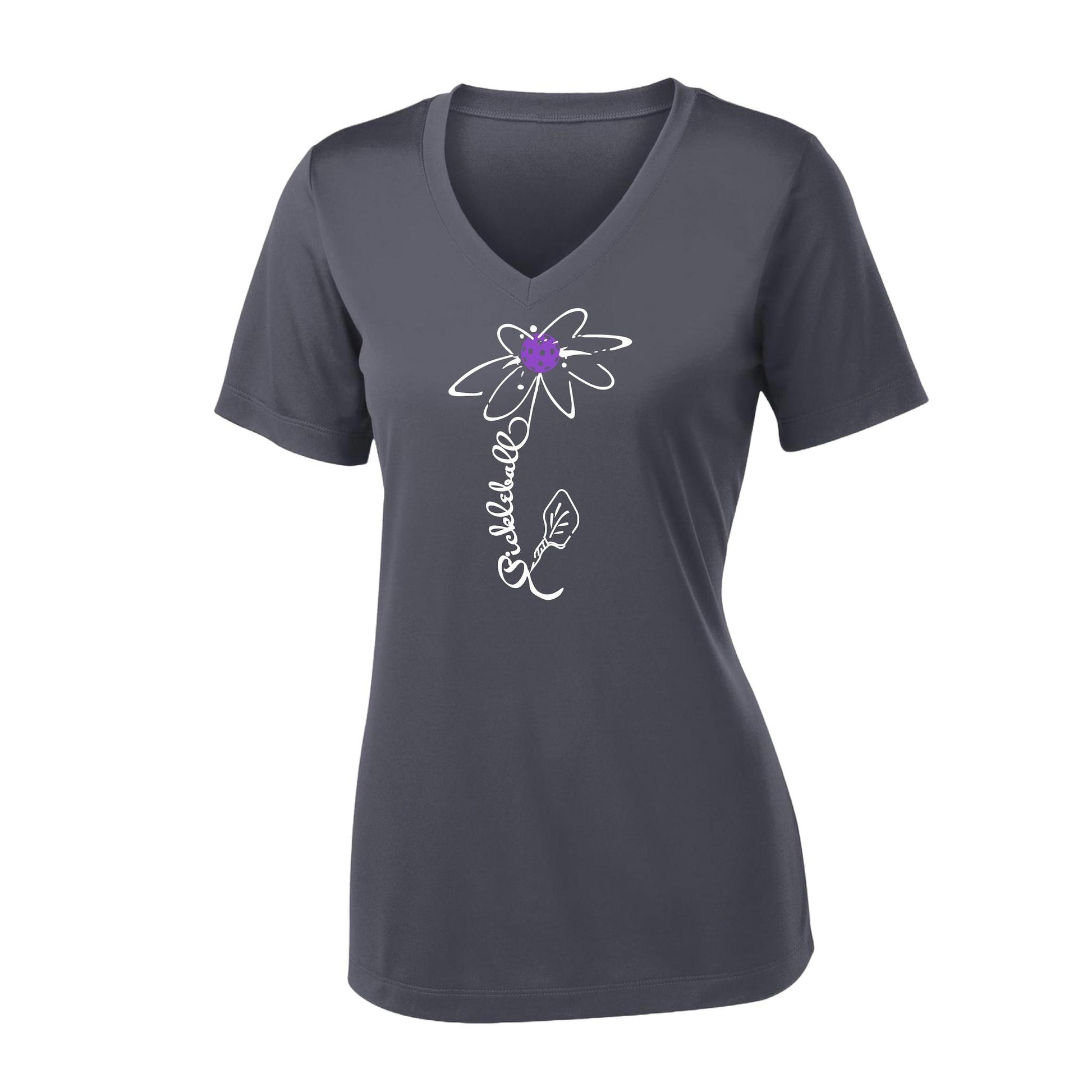 Pickleball Flower (Pink Purple Rainbow) | Women's Short Sleeve V-Neck Pickleball Performance T-Shirts | 100% Polyester
