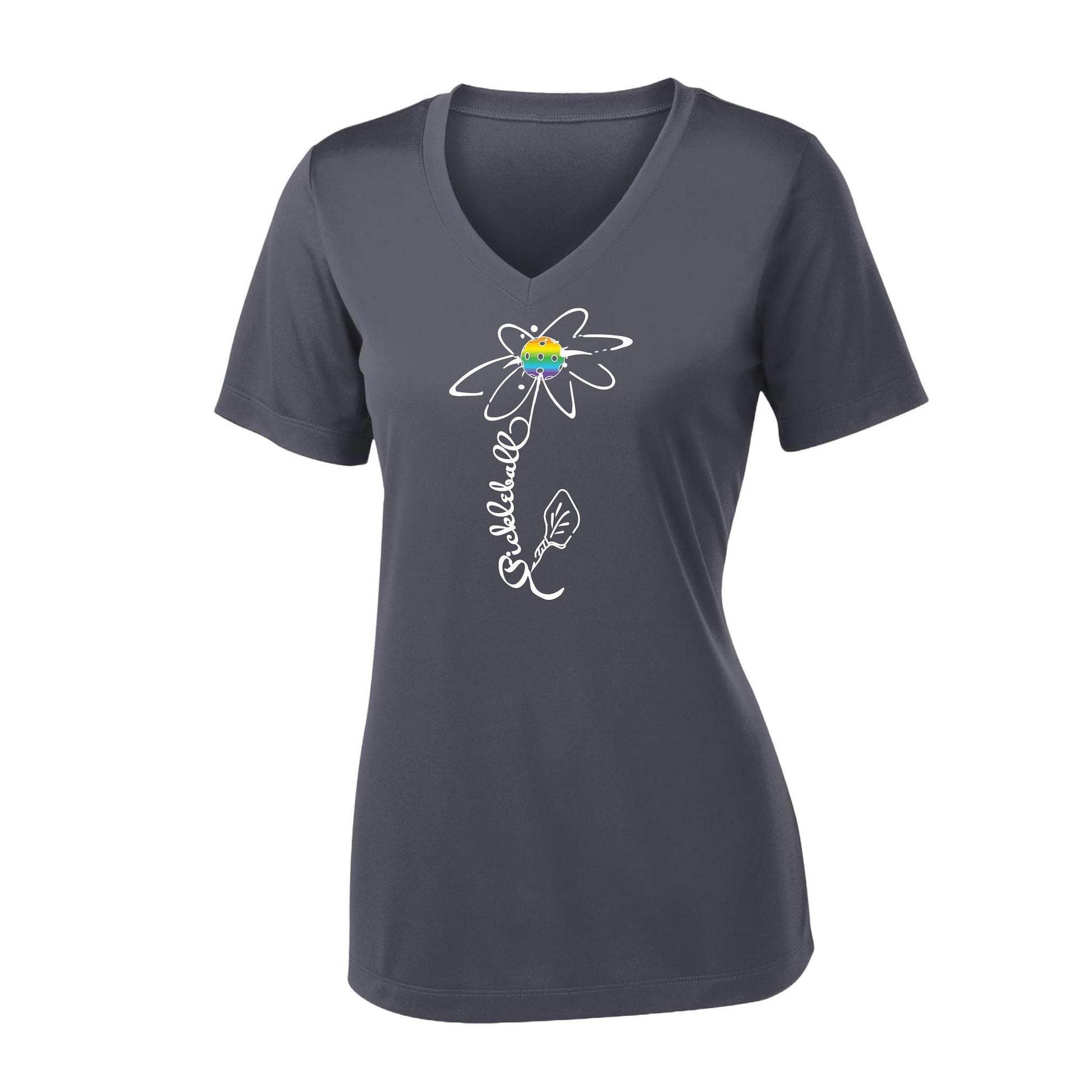 Pickleball Flower (Pink Purple Rainbow) | Women's Short Sleeve V-Neck Pickleball Performance T-Shirts | 100% Polyester