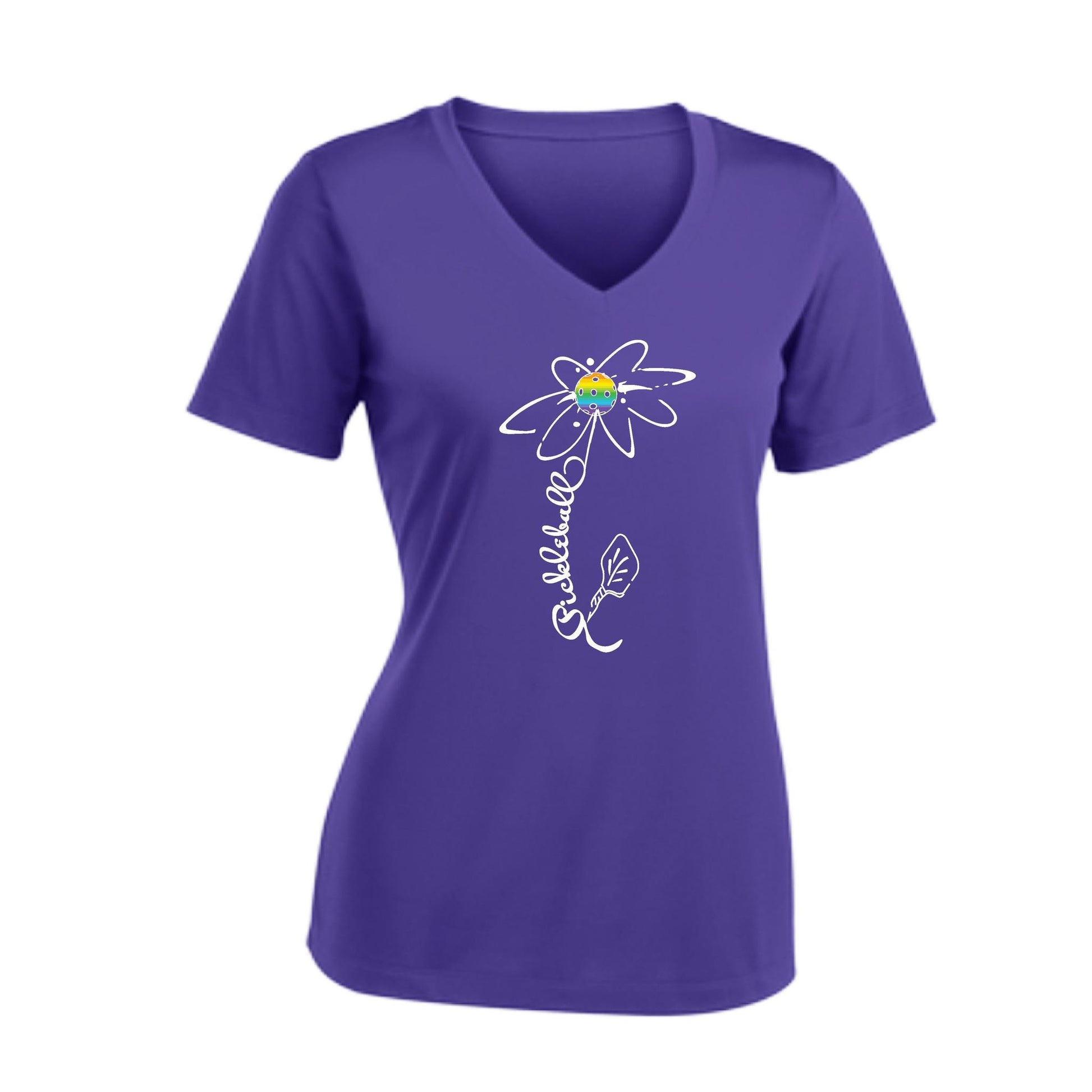 Pickleball Flower (Pink Purple Rainbow) | Women's Short Sleeve V-Neck Pickleball Performance T-Shirts | 100% Polyester