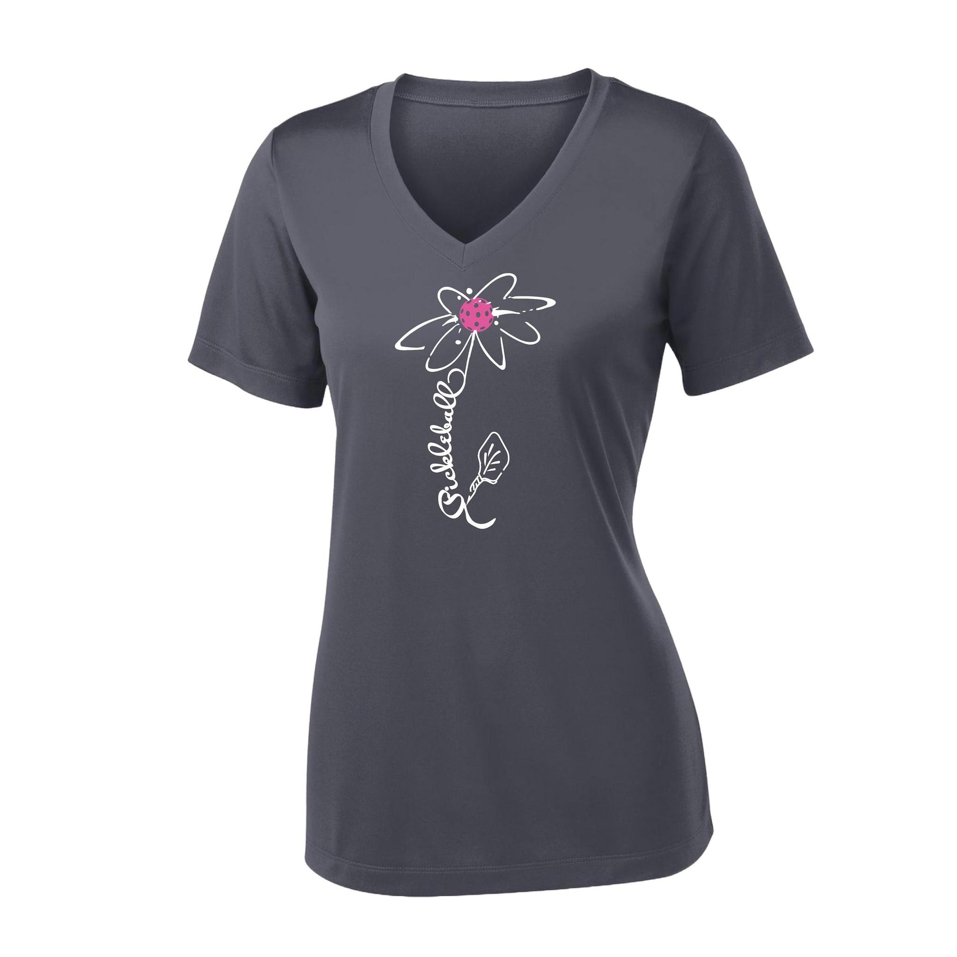 Pickleball Flower (Pink Purple Rainbow) | Women's Short Sleeve V-Neck Pickleball Performance T-Shirts | 100% Polyester