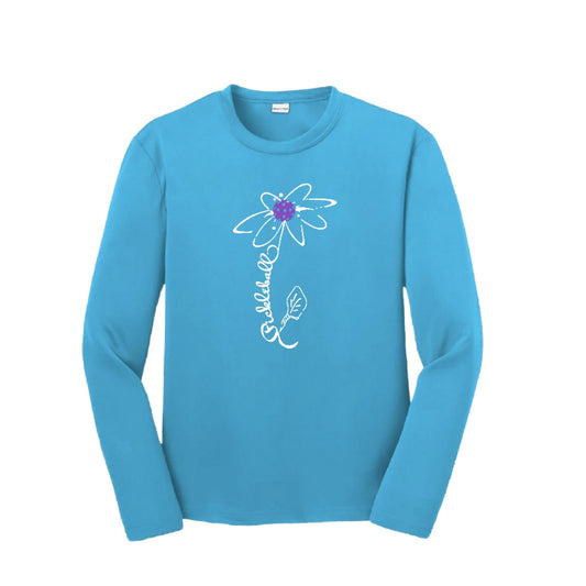 Pickleball Flower (Pink Purple Rainbow) | Youth Long Sleeve Pickleball Performance T-Shirts | 100% Polyester