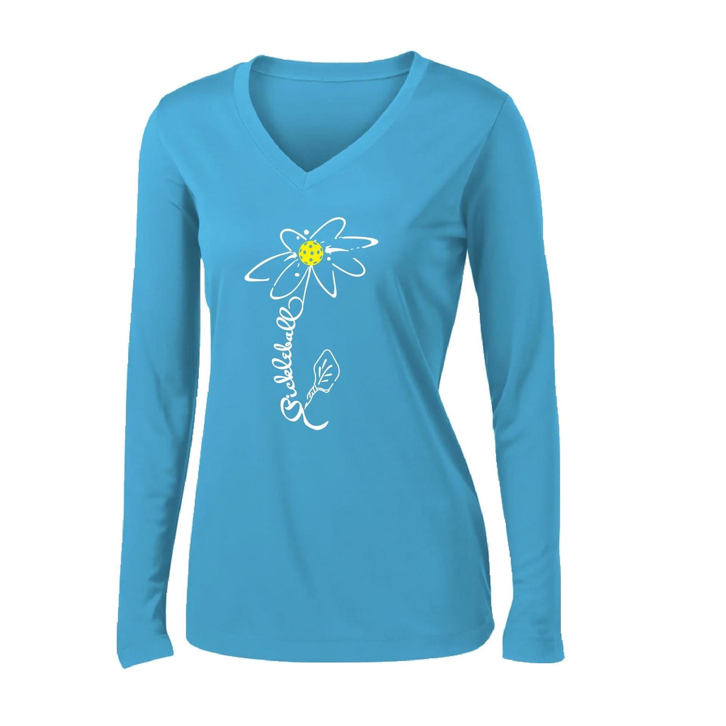 Pickleball Flower (8 Custom Pickleball Colors) | Women’s Long Sleeve V-Neck Pickleball Performance T-Shirt | 100% Polyester