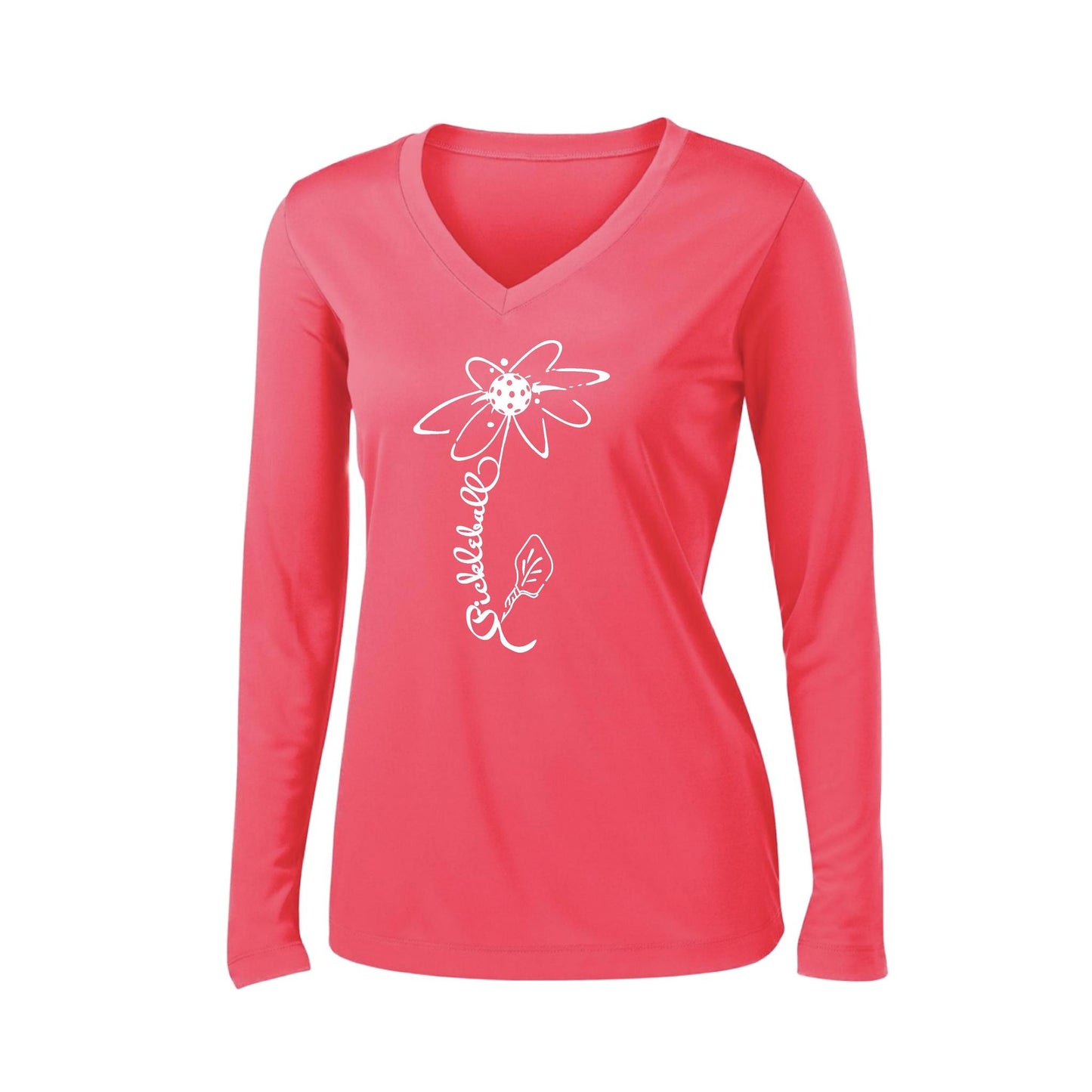 Pickleball Flower (8 Custom Pickleball Colors) | Women’s Long Sleeve V-Neck Pickleball Performance T-Shirt | 100% Polyester