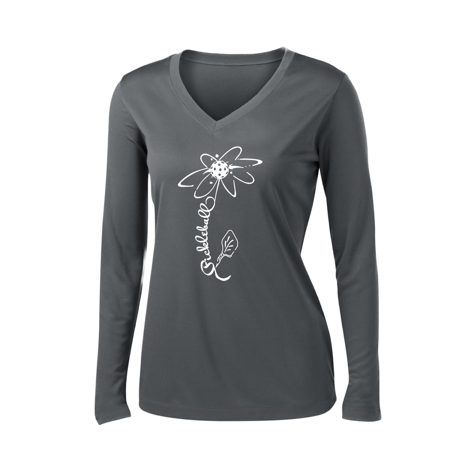 Pickleball Flower (White Yellow) | Women’s Long Sleeve V-Neck Pickleball Performance T-Shirt | 100% Polyester