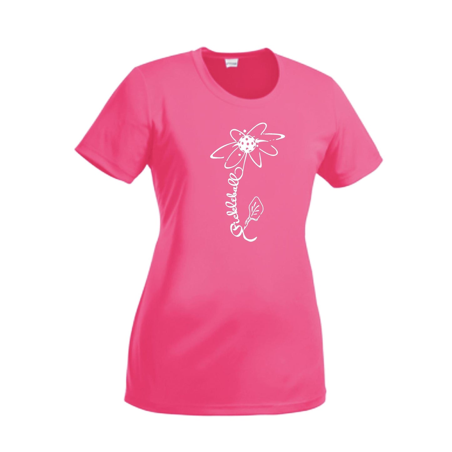 Pickleball Flower (8 Custom Pickleball Colors) | Women’s Short Sleeve Crewneck Pickleball Performance T-Shirts | 100% Polyester