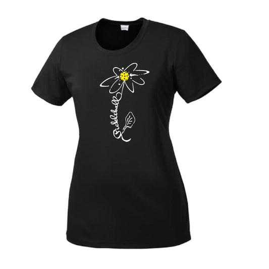Pickleball Flower (White Yellow) | Women’s Short Sleeve Crewneck Pickleball Performance T-Shirts | 100% Polyester