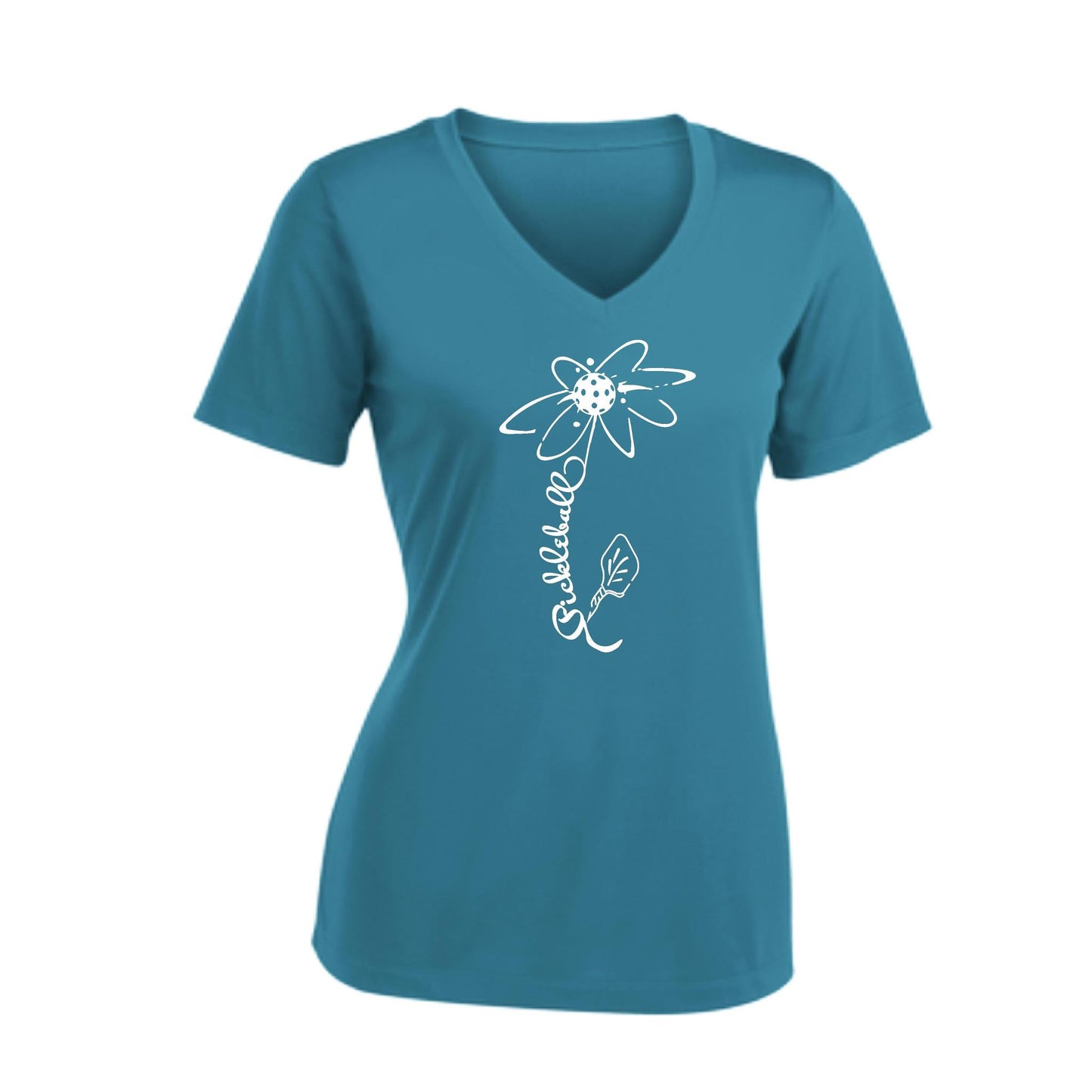 Pickleball Flower (8 Custom Pickleball Colors) | Women's Short Sleeve V-Neck Pickleball Performance T-Shirts | 100% Polyester