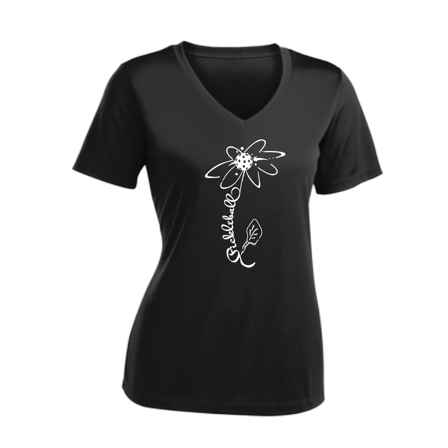 Pickleball Flower (8 Custom Pickleball Colors) | Women's Short Sleeve V-Neck Pickleball Performance T-Shirts | 100% Polyester