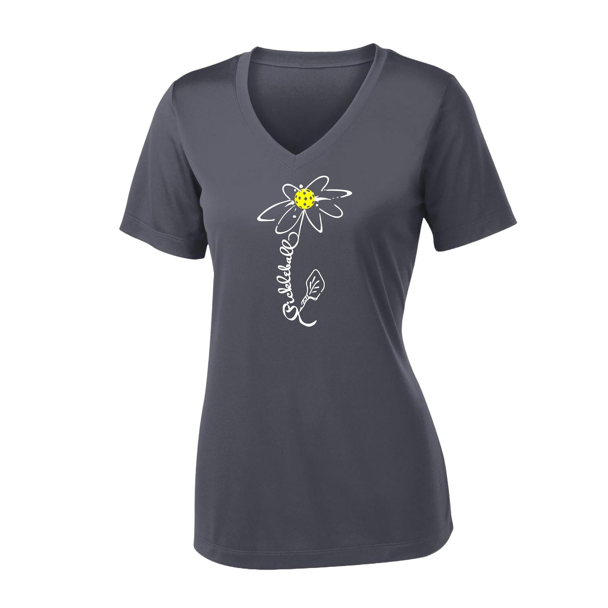 Pickleball Flower (White Yellow) | Women's Short Sleeve V-Neck Pickleball Performance T-Shirts | 100% Polyester