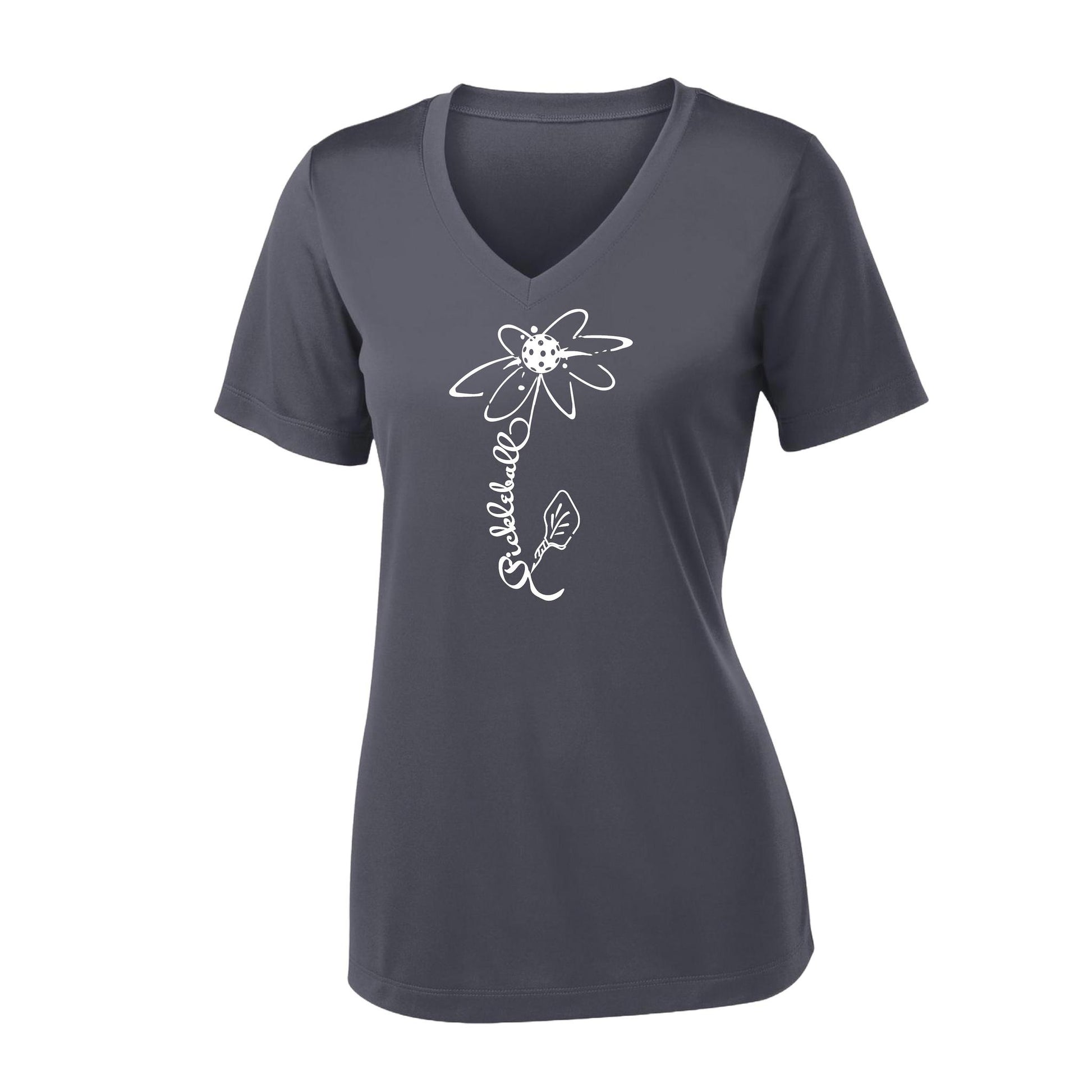 Pickleball Flower (White Yellow) | Women's Short Sleeve V-Neck Pickleball Performance T-Shirts | 100% Polyester