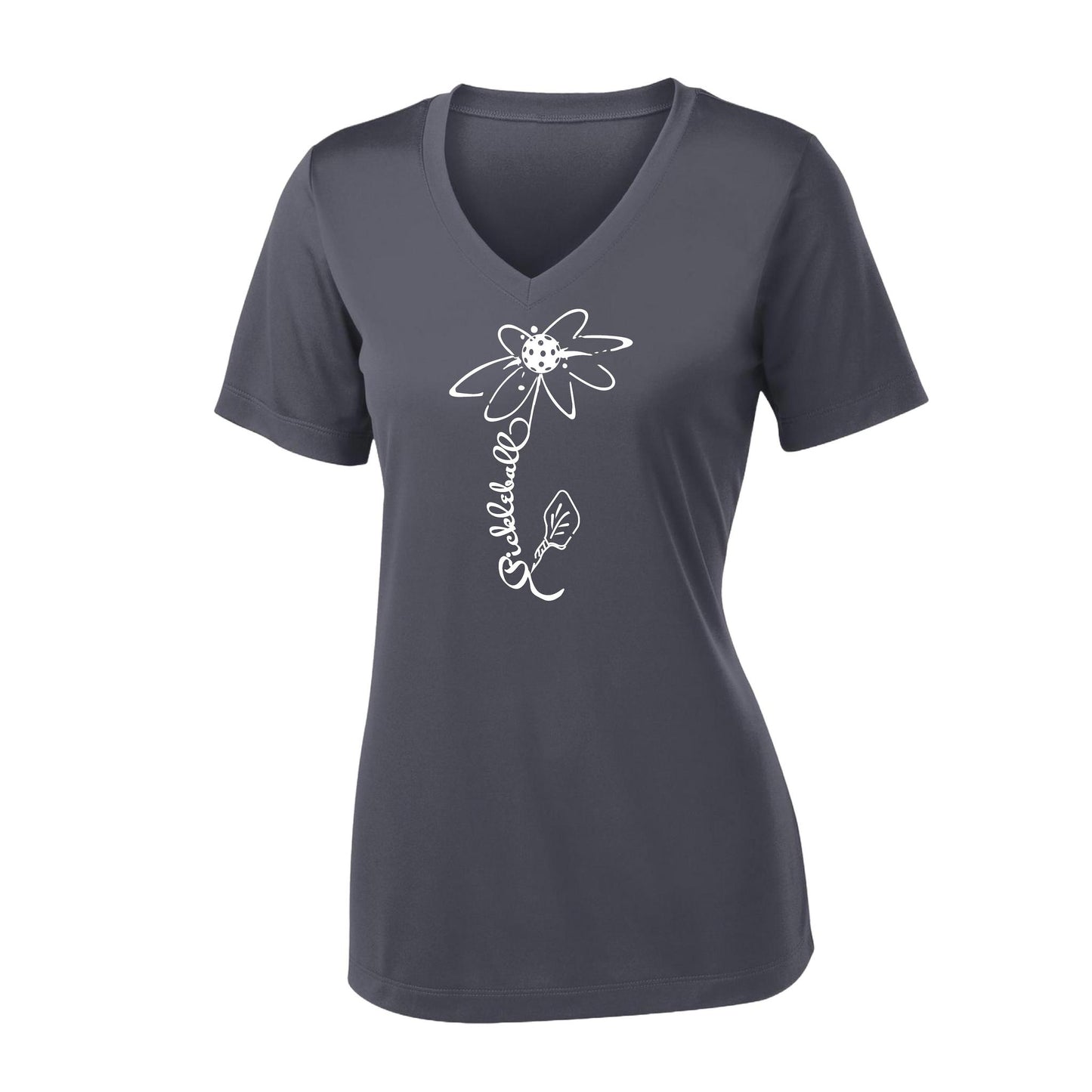 Pickleball Flower (8 Custom Pickleball Colors) | Women's Short Sleeve V-Neck Pickleball Performance T-Shirts | 100% Polyester