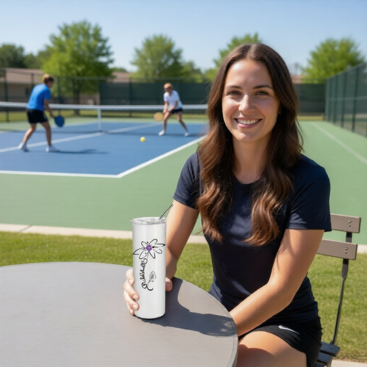 A white stainless steel tumbler with a customizable pickleball graphic of a flower with a pickleball center and the stem the word 'pickleball'