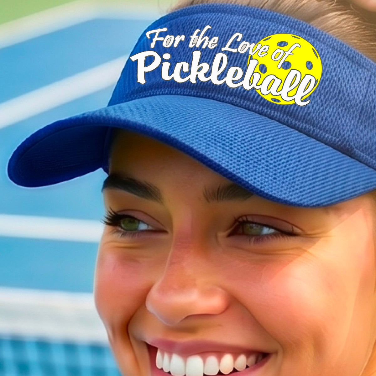 A close-up of a royal blue pickleball visor with a pickleball graphic of ‘FOR THE LOVE OF PICKLEBALL’ in white with a yellow pickleball behind it graphic on the front.