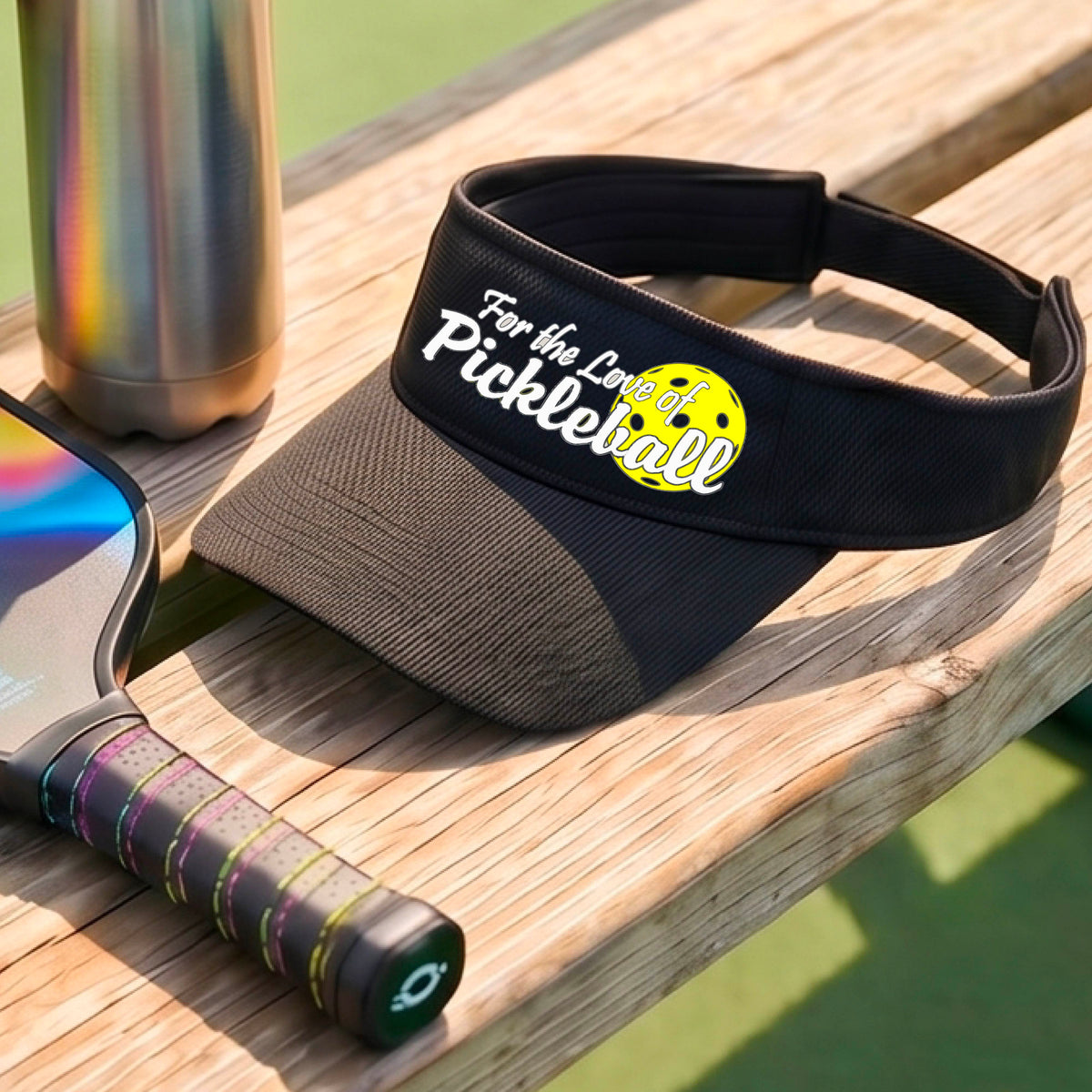 A close-up of a black pickleball visor with a pickleball graphic of ‘FOR THE LOVE OF PICKLEBALL’ in white with a yellow pickleball behind it graphic on the front.