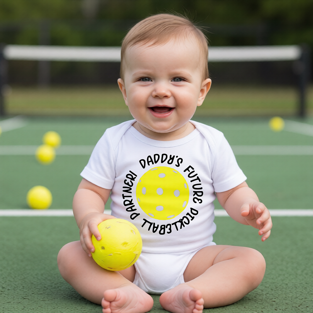 A baby sitting on a green pickleball court wearing a white long-sleeve bodysuit with a yellow pickleball graphic and the text 'DADDY'S FUTURE PICKLEBALL PARTNER!'. 