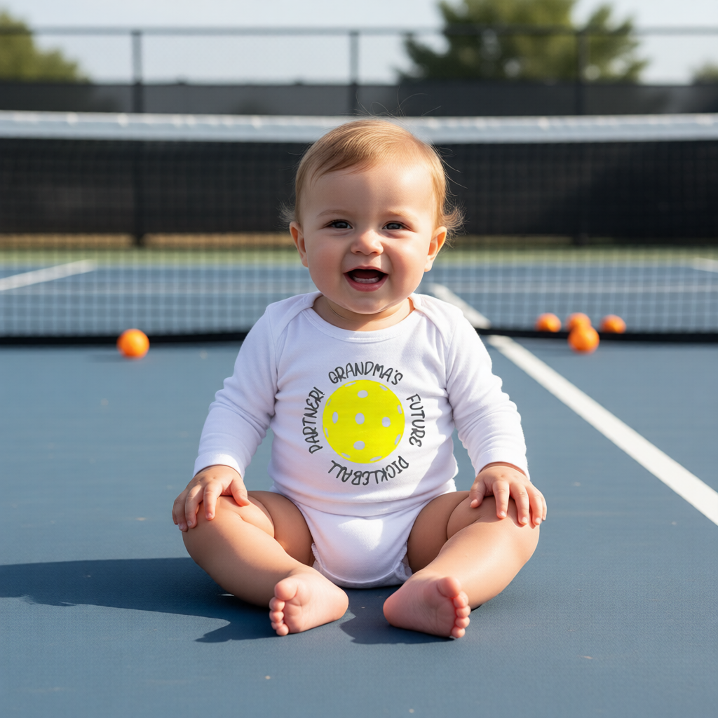 A baby sitting on a pickleball court wearing a white long-sleeve bodysuit with a yellow pickleball graphic and the words 'Grandma's Future Pickleball Partner'. 
